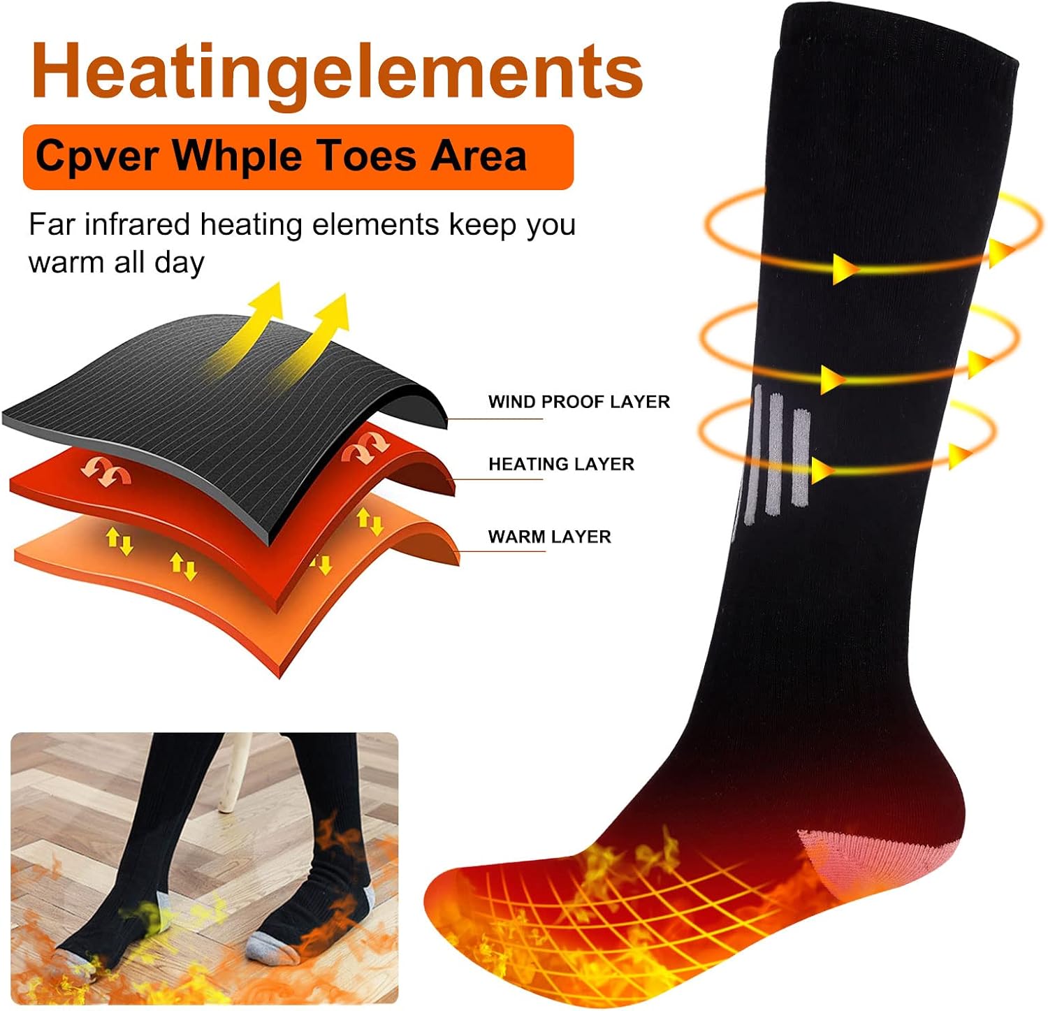 4200mAh Rechargeable Heated Socks for Men Women, Electric Thermal Warming Socks Washable Heating Socks, 3 Heating Settings Winter Foot Warmer for Hunting Skiing Camping Hiking Fishing : Sports & Outdoors