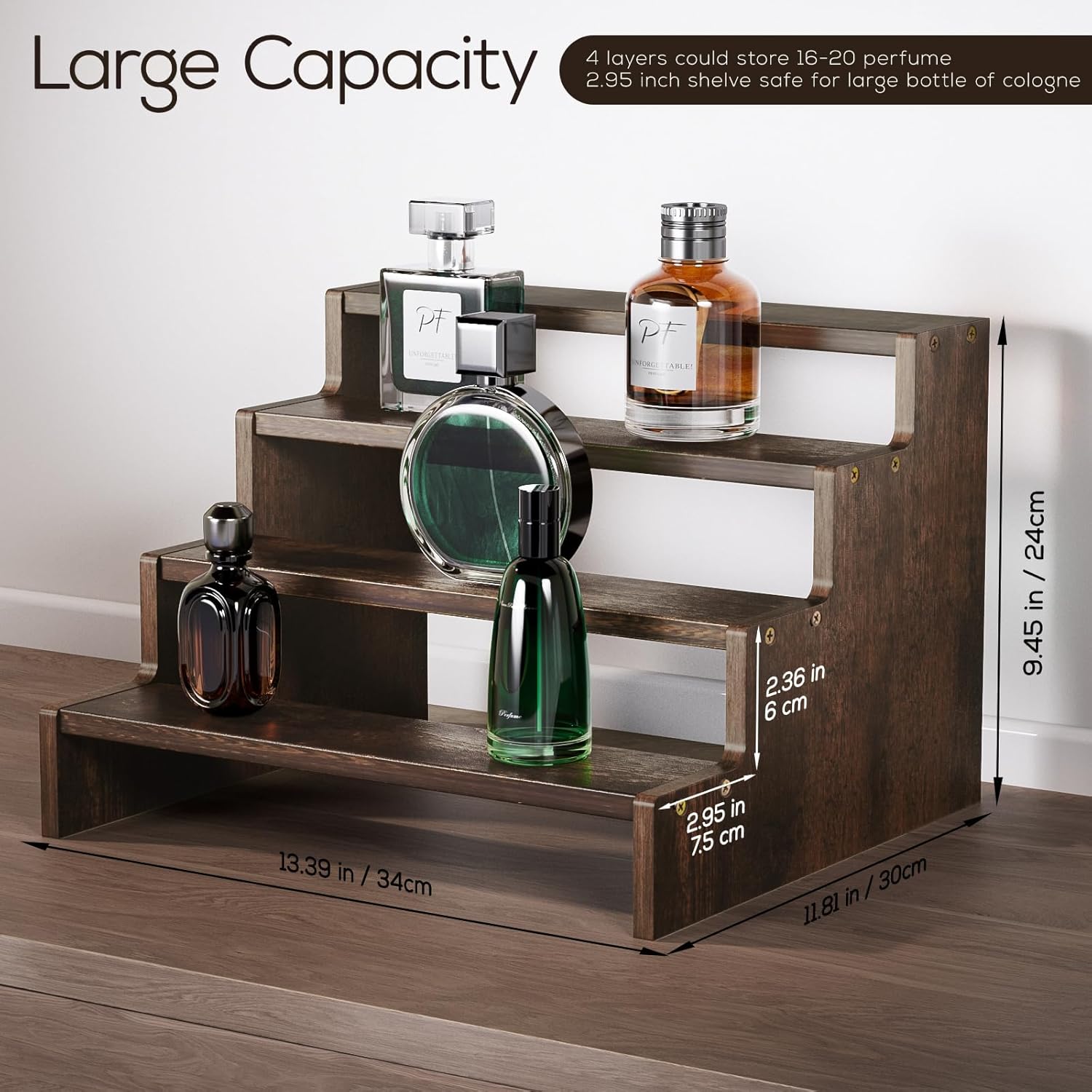 ProCase Wooden Cologne Organizer for Men, 4 Tier Perfume Organizer, Mens Cologne Stand Holder Storage, Display Riser Shelf Rack for Fragrances Candles Cosmetics Cupcake Figure Spice -Brown
