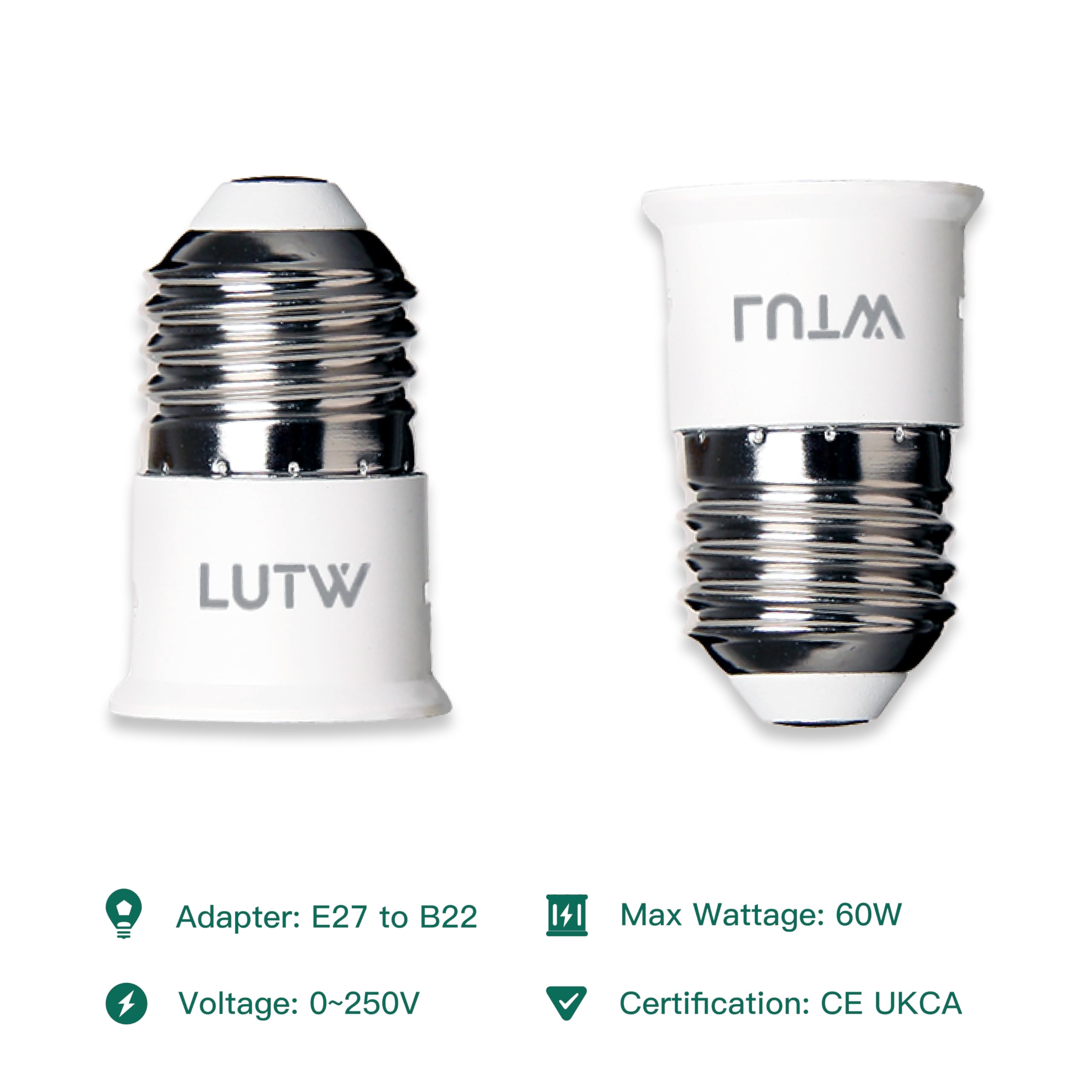 LUTW E27 to B22 Lamp Socket Adapter, Screw to Bayonet Base Converter, Max 60W, 0-250V, LED, Incandescent & CFL Bulb Adaptor, 2 Pack - Image 3