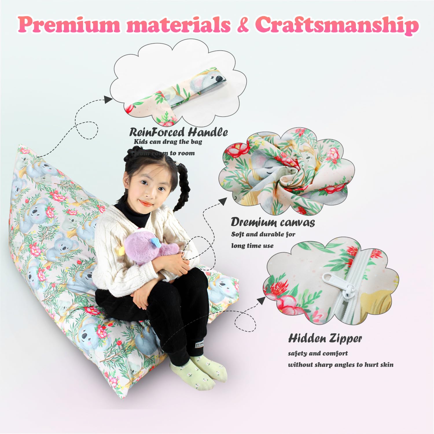Kids Bean Bag Cover Only, Stuffed Animal Bean Bag Storage - Image 4