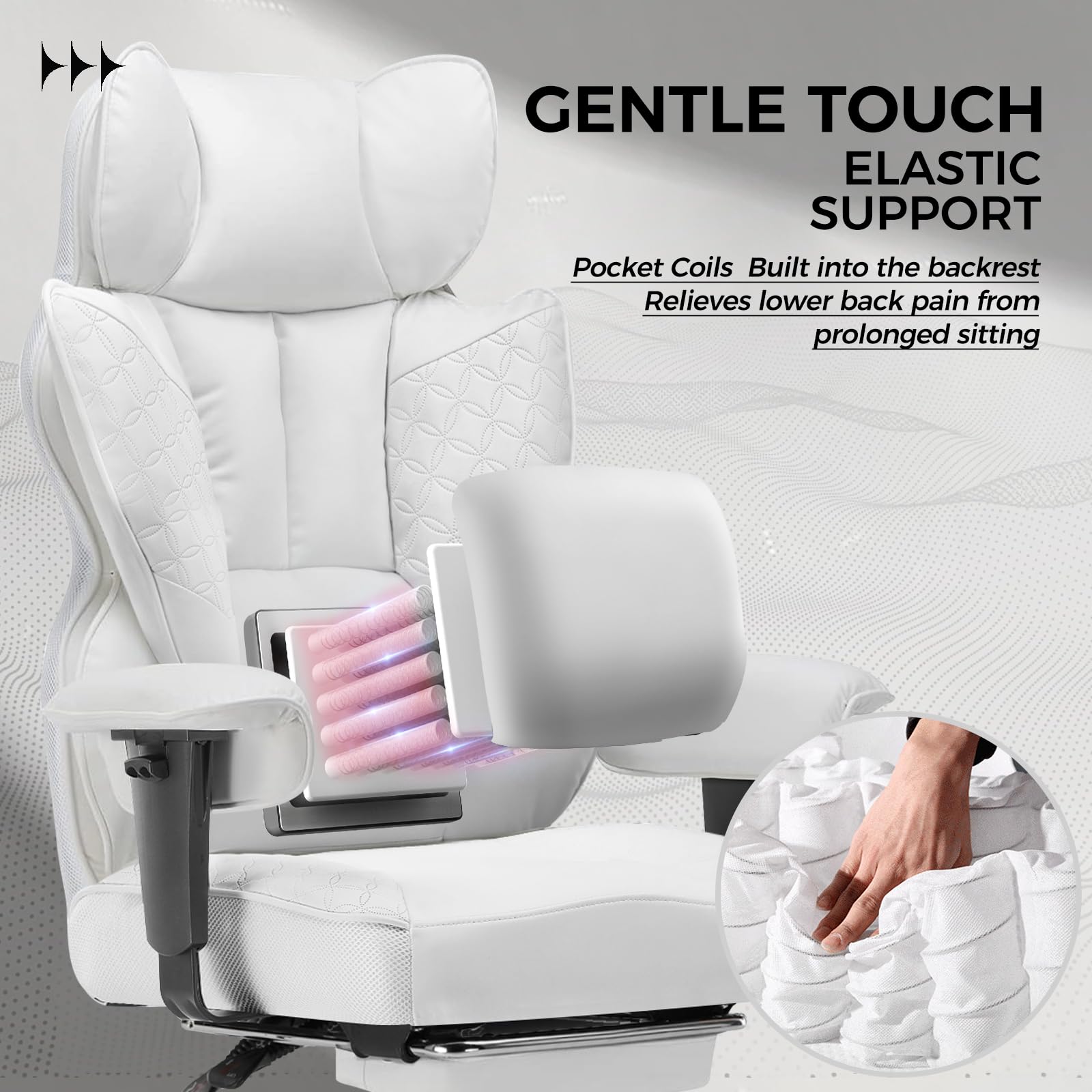 GTPLAYER Big and Tall Gaming Chair 400lbs Heavy Duty Office Chair with Foot Rest & Ergonomic Pocket Spring Lumbar Support, High Back 3D Saddle Shaped Cushion for Back Pain Relief, White view 3