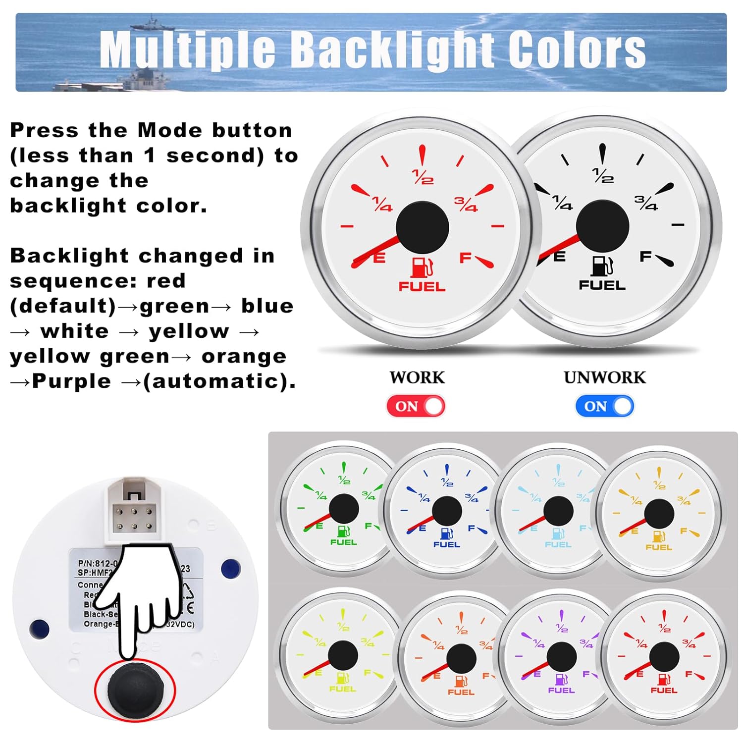 Geloo Marine Fuel Gauge - Digital Fuel Level Gauge with 8 Color Backlight for Boat, Car & Motorcycle - 52mm, 240-33ohm, 0-190ohm Signal Adjustable