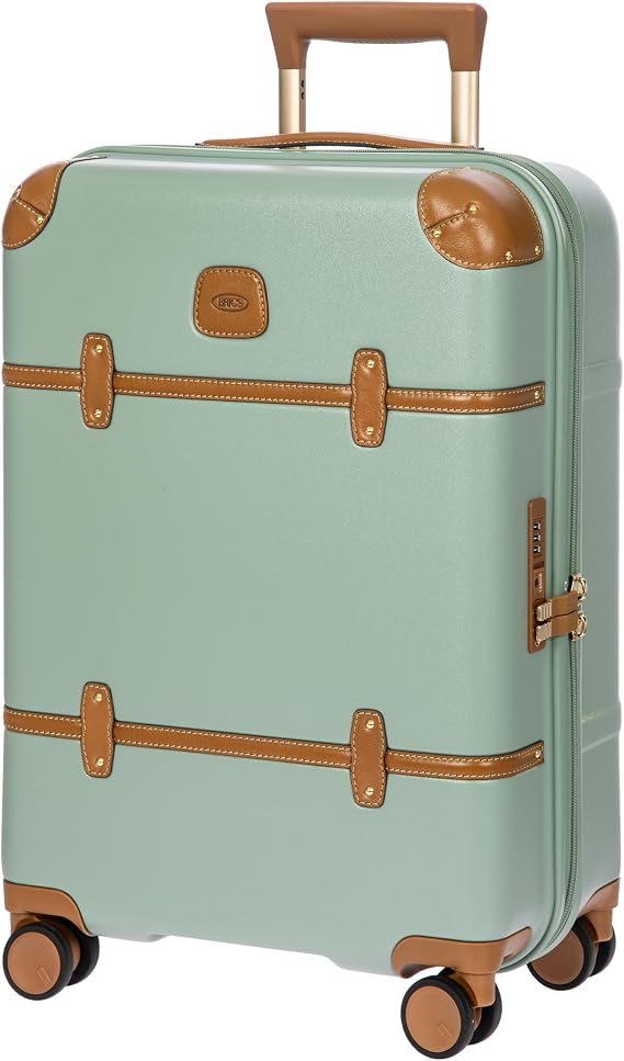 Bric's Bellagio 3.0 Spinner Trunk - Airline Approved Luxury Hardshell Carry On Luggage with Large Wheels,Telescopic Handle, Leather Detailing - Expandable Rolling Suitcase - 21, Eucalyptus