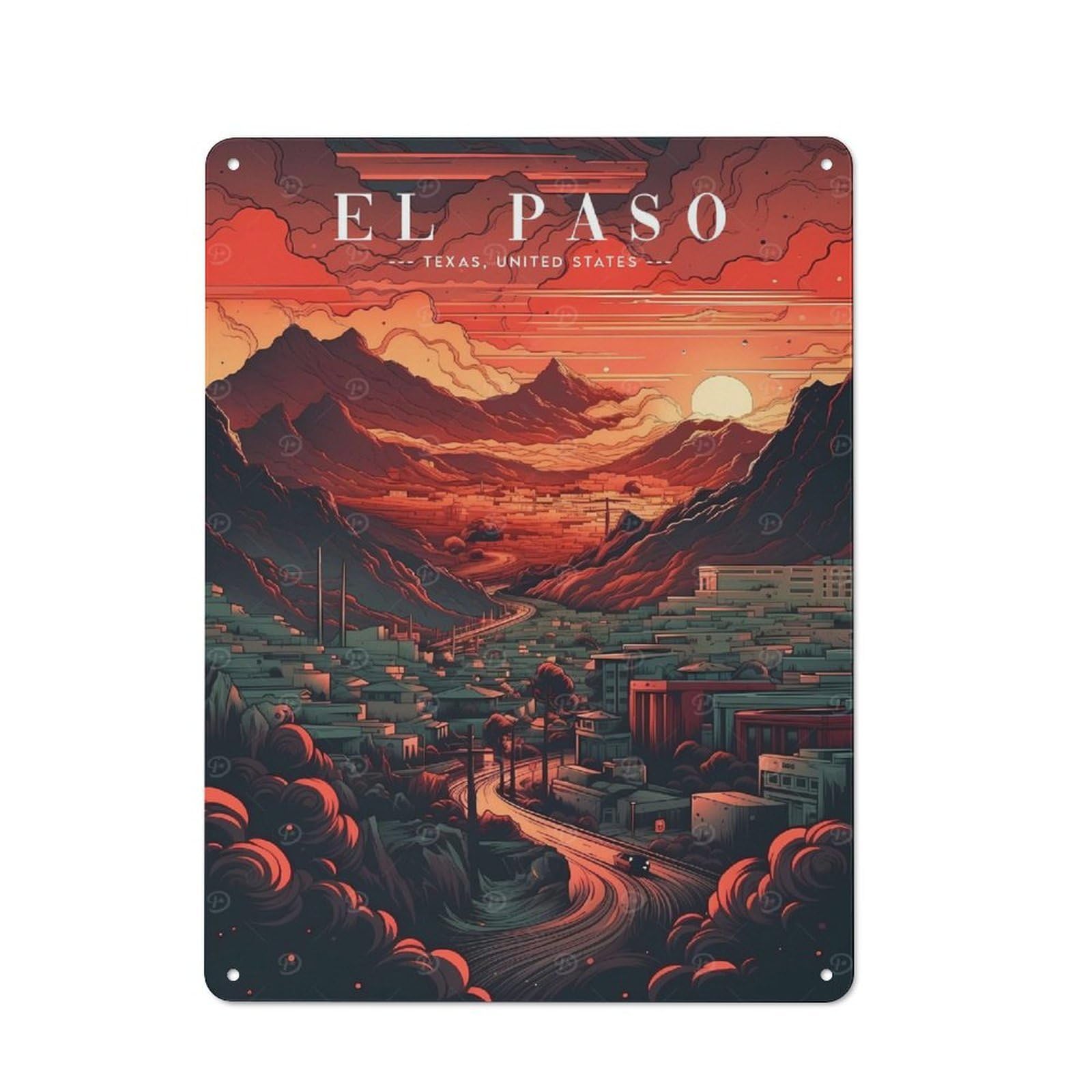 Junmoney Style-17 El Paso Skyline Cityscape Retro Metal Wall Decor 40X30cm, Decorative Tin Plaque For Bar, Kitchen, Garage Or Games Room