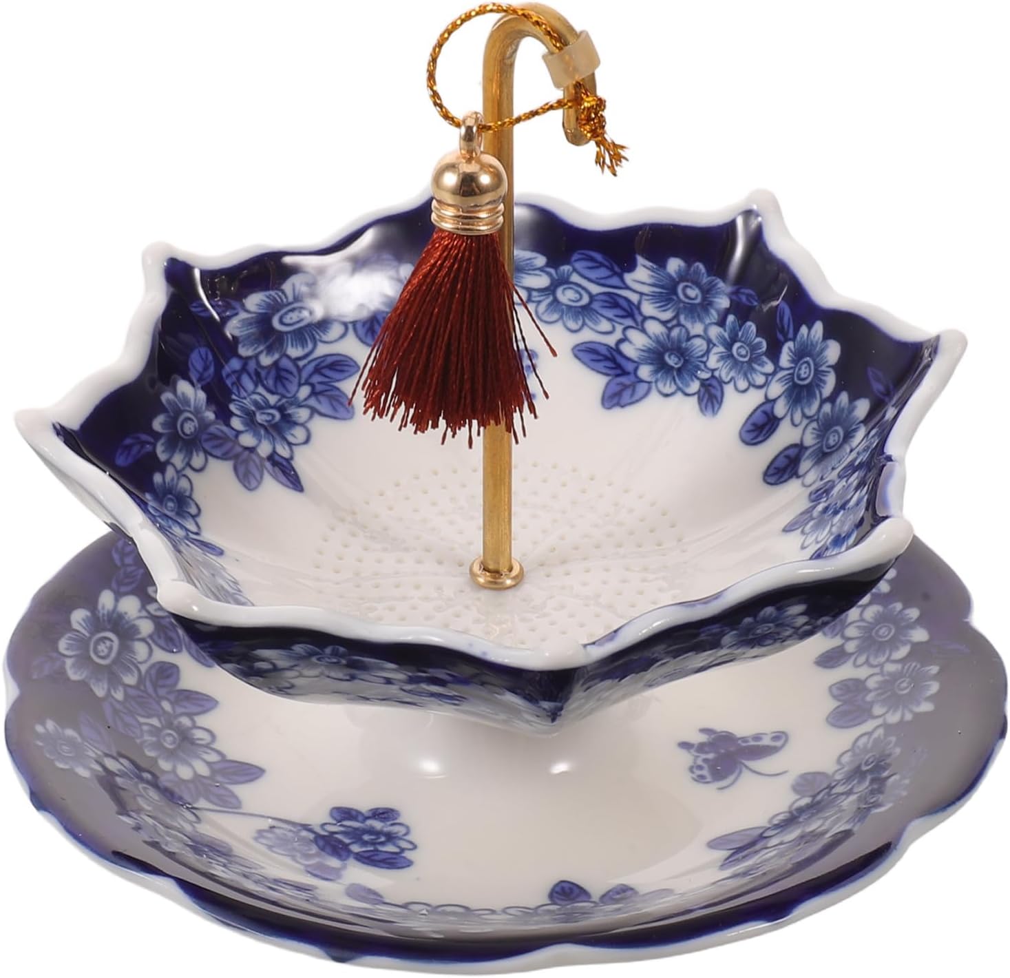 ULTECHNOVO Umbrella Shape Ceramic Tea Strainer - Chinese Blue & White Porcelain Loose Leaf Filter with Rotating Design, Multi-purpose Tea Infuser for Kung Fu/coffee/brewing (bule)