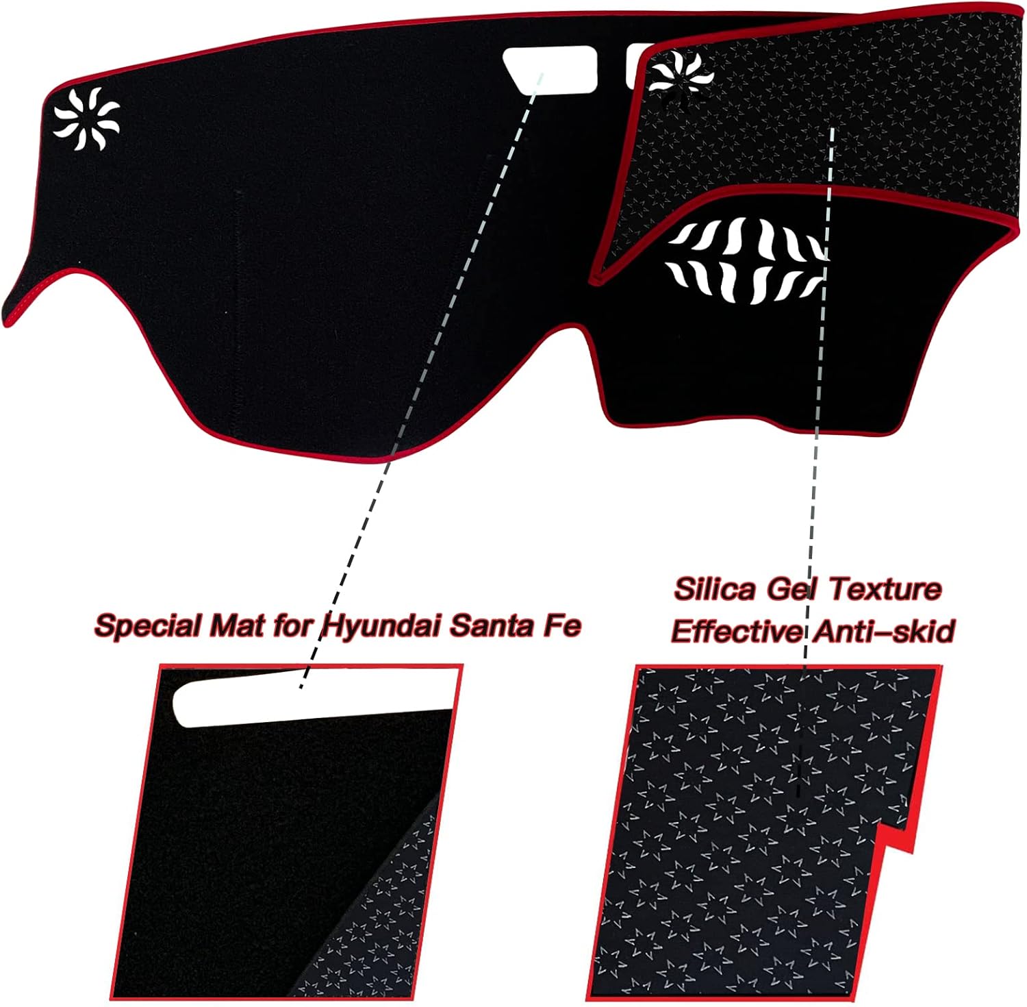 Dash Mat Cover Custom Interior Center Console Compatible with Hyundai Santa Fe SUV SE SEL Limited 2019 2020 2021 2022 2023 Dashboard mat Covers Accessories (Red Trim)