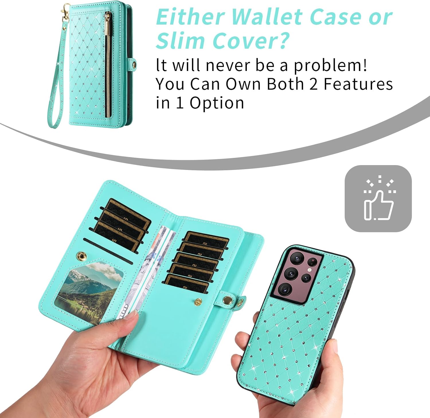 Asuwish Phone Case for Samsung Galaxy S22 Ultra 5G Zipper Wallet Detachable Cell Cover with Screen Protector Crossbody Strap Bling Flip Credit Card Holder S22ultra 22S S 22 S22ultra5g 6.8 Women Green