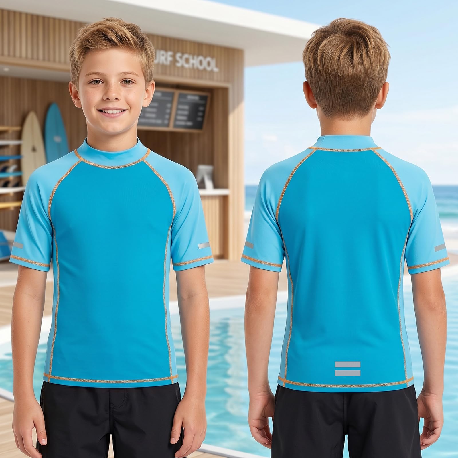 Rashguard koszulka z krótkim rękawem i paskami odblaskowymi, szybkoschnąca, na lato, do surfowania, na plażę, do pływania, dla dzieci w wieku 7-15 lat