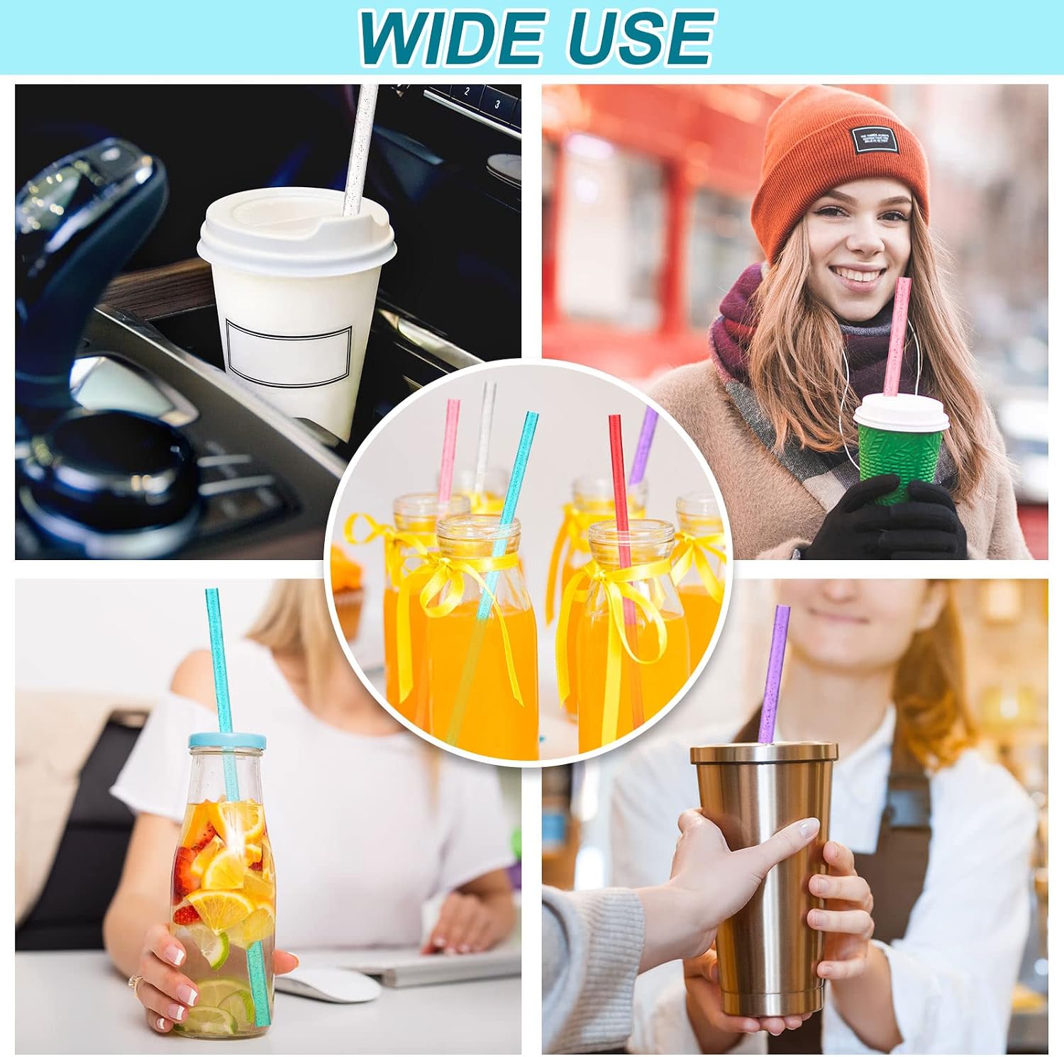 120 Pieces Glitter Reusable Straws Bulk Plastic 11 Inch Color Changing Straws Hard Plastic Tumbler Pipe for Cups Cleaning Brush Rainbow Colored Drinking Straws