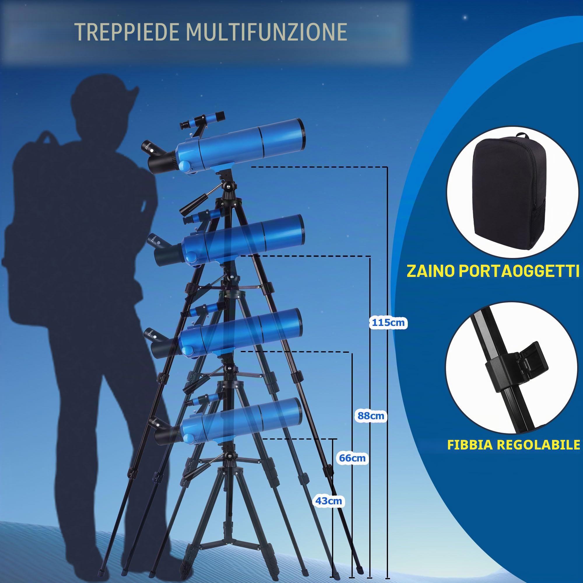 Telescopio per adulti e bambini - 80500 rifrattore telescopio per principianti, portatile con zaino, supporto per cellulare - versione blu elettrico