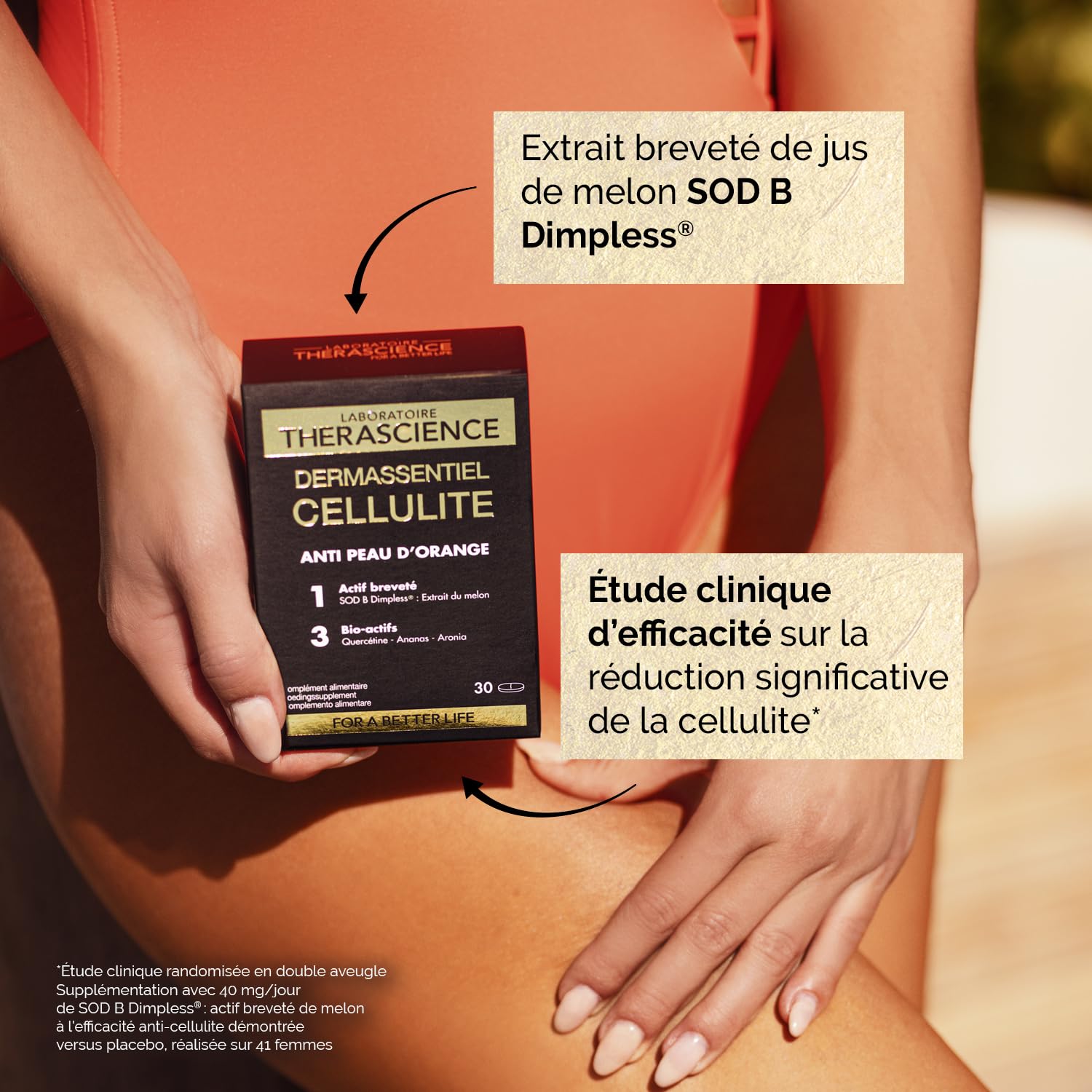 THERASCIENCE DERMASSENTIEL CELLULITE 30 comprimés Action anti-capitons Superoxyde Dismutase de Melon Quercétine Bromélaïne Aronia