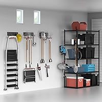 Vista 8 de TORACK 24 ganchos de almacenamiento de garaje con rieles, organizador de herramientas de montaje en pared para herramientas de jardín, escaleras