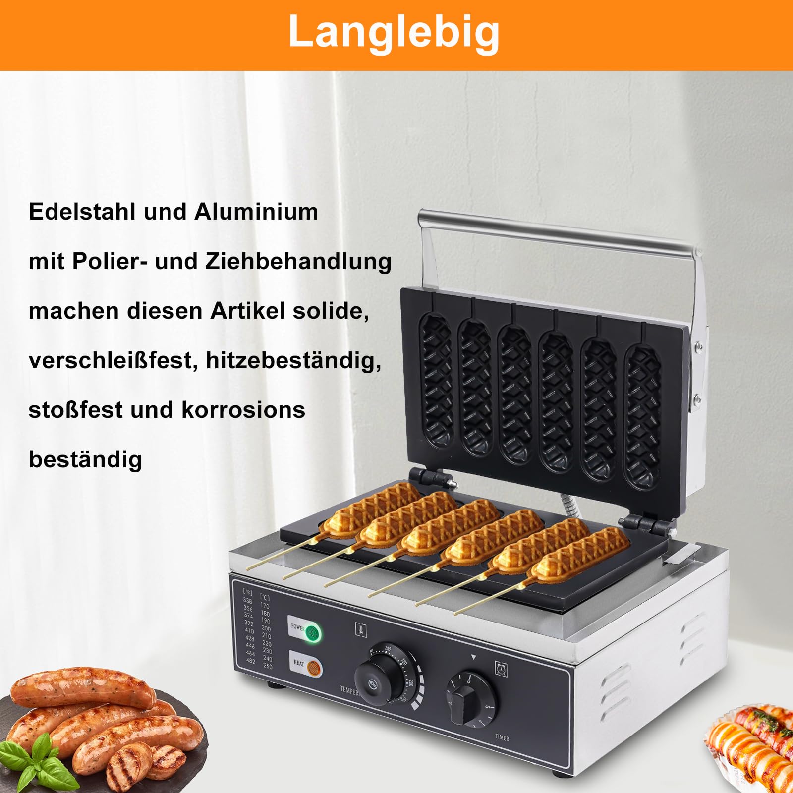 Gofrownica do gofrów, do 6 gofrów na trzonku, powłoka nieprzywierająca, lampa do pieczenia, podwójna gofrownica hot dog, gofry prostokątne, 1500 W, kukurydza