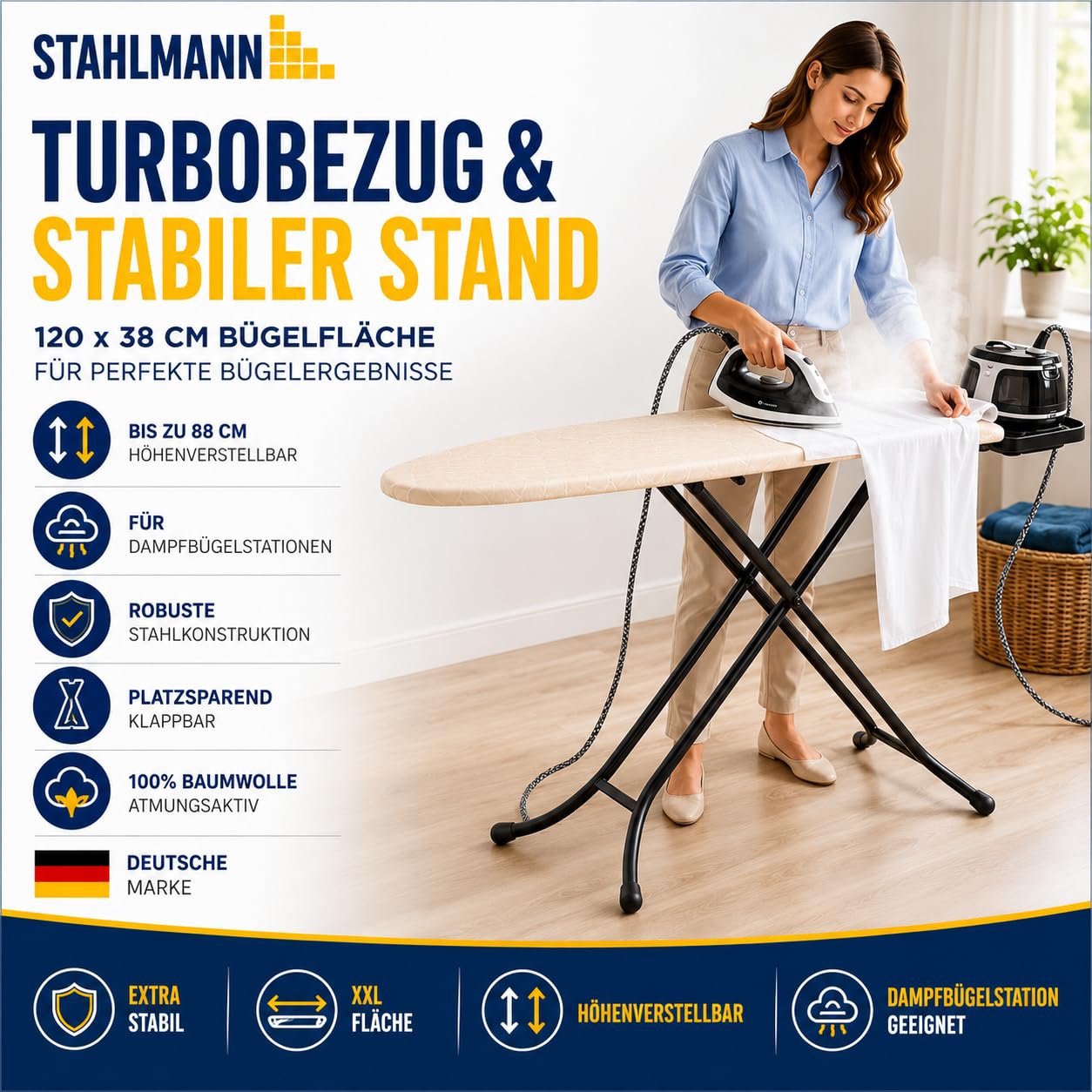 STAHLMANN® Bügelbrett für Dampfbügelstation [120 × 38 cm] Made in Europe | 100 % Baumwolle Turbobezug | höhenverstellbar | Bügeleisenablage | platzsparend klappbar