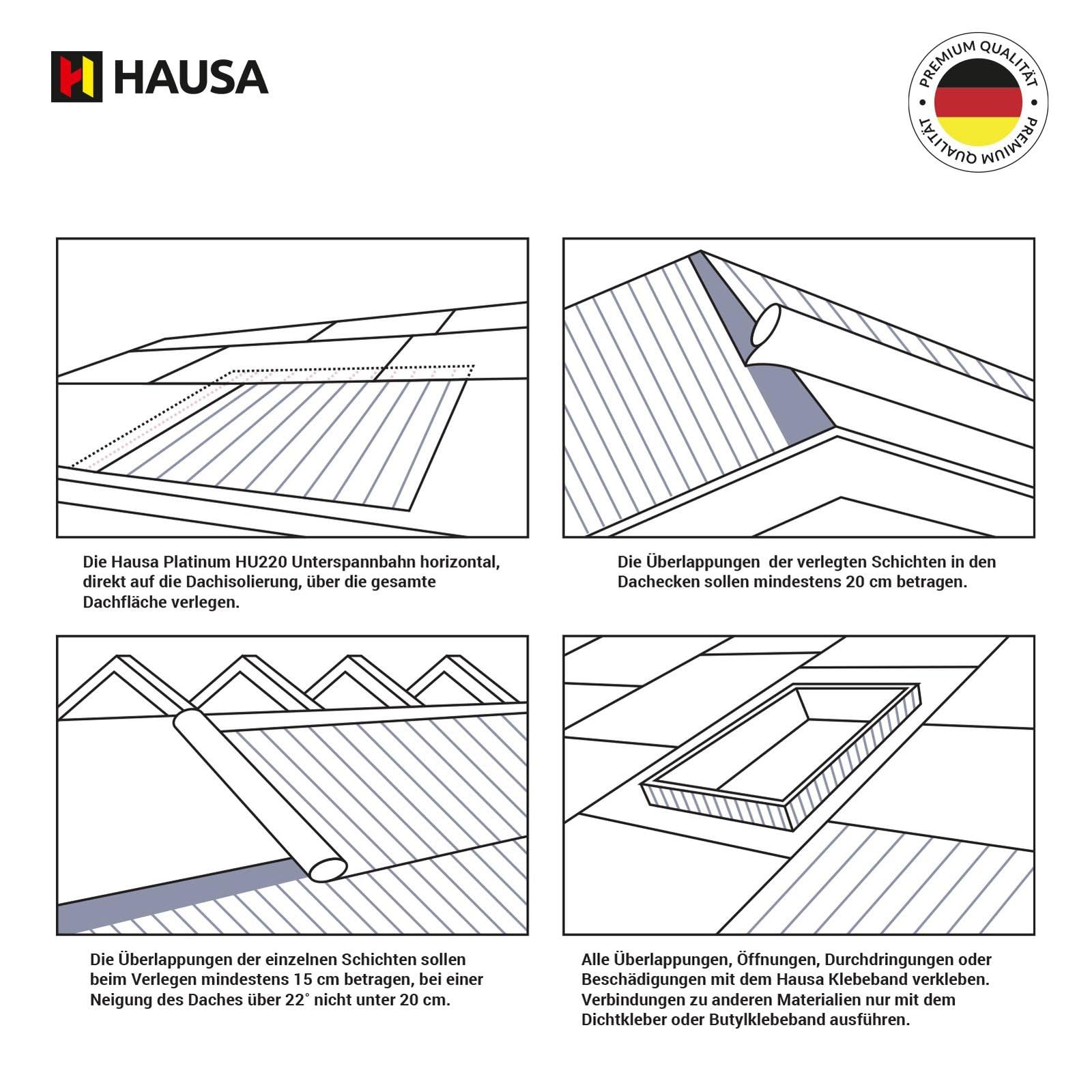 HAUSA Unterspannbahn 220g/m² dunkelblau 37,5m² (1,5m x 25m) Unterdeckbahn Platinum HU220 Dachfolie ohne Klebestreifen hochdiffusionsoffen wasserdicht Schalungsbahn Dach reißfest schlagregensicher