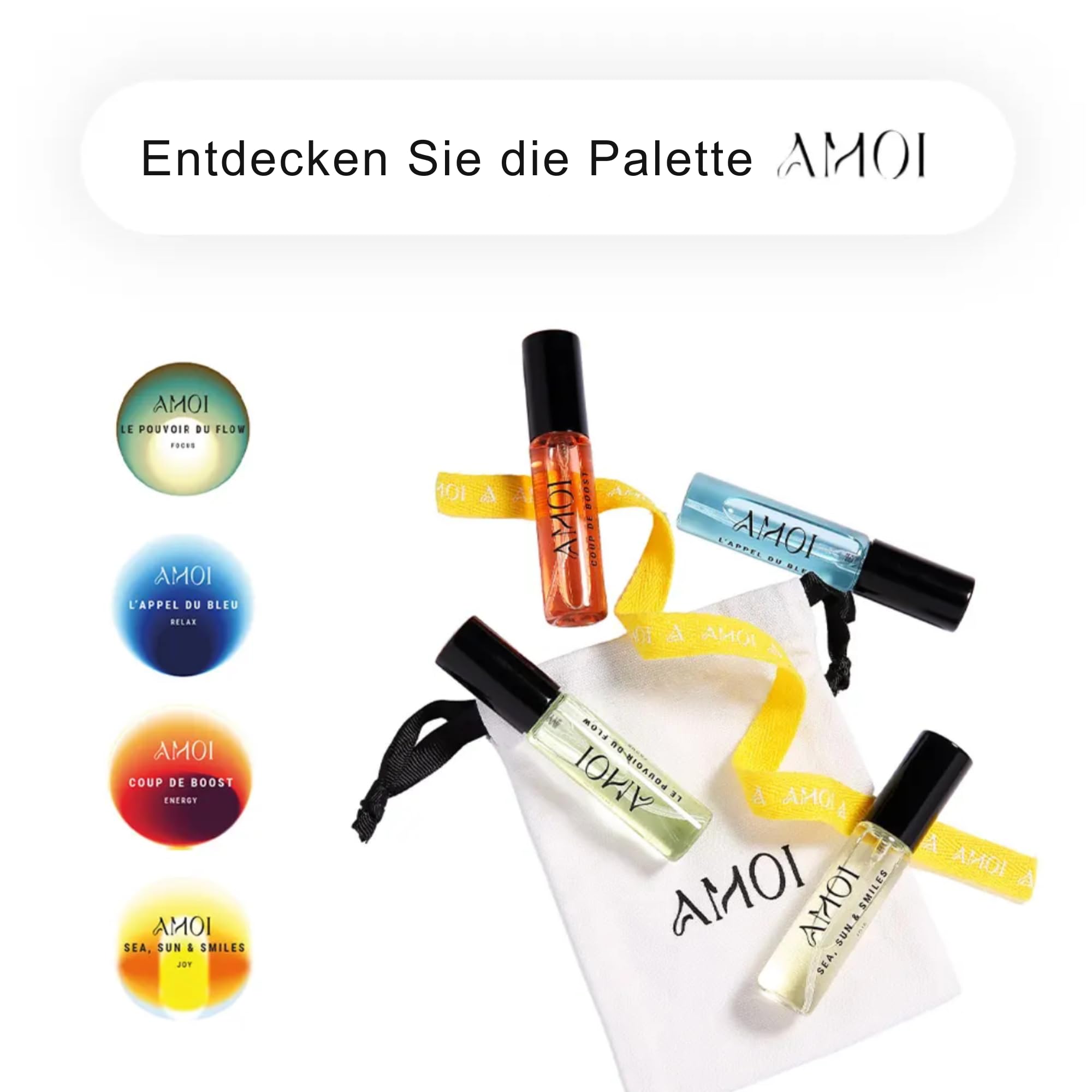 AMOI – Entdecker‑Set: 4 x Eau de Parfum 10 ml – Relax, Focus, Énergie, Joie – Unisex – über 85% natürliche Inhaltsstoffe – Frankreich