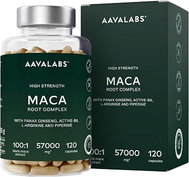 Maca Kapseln Hochdosiert 57000mg 100:1 Maca Schwarz Wurzel Extrakt 10:1 Gelbe M. mit Panax Ginseng Vitamin B6 P5P 95% Piperin l-Arginin - Schwarzes M. Hochdosiert 120 Kapseln