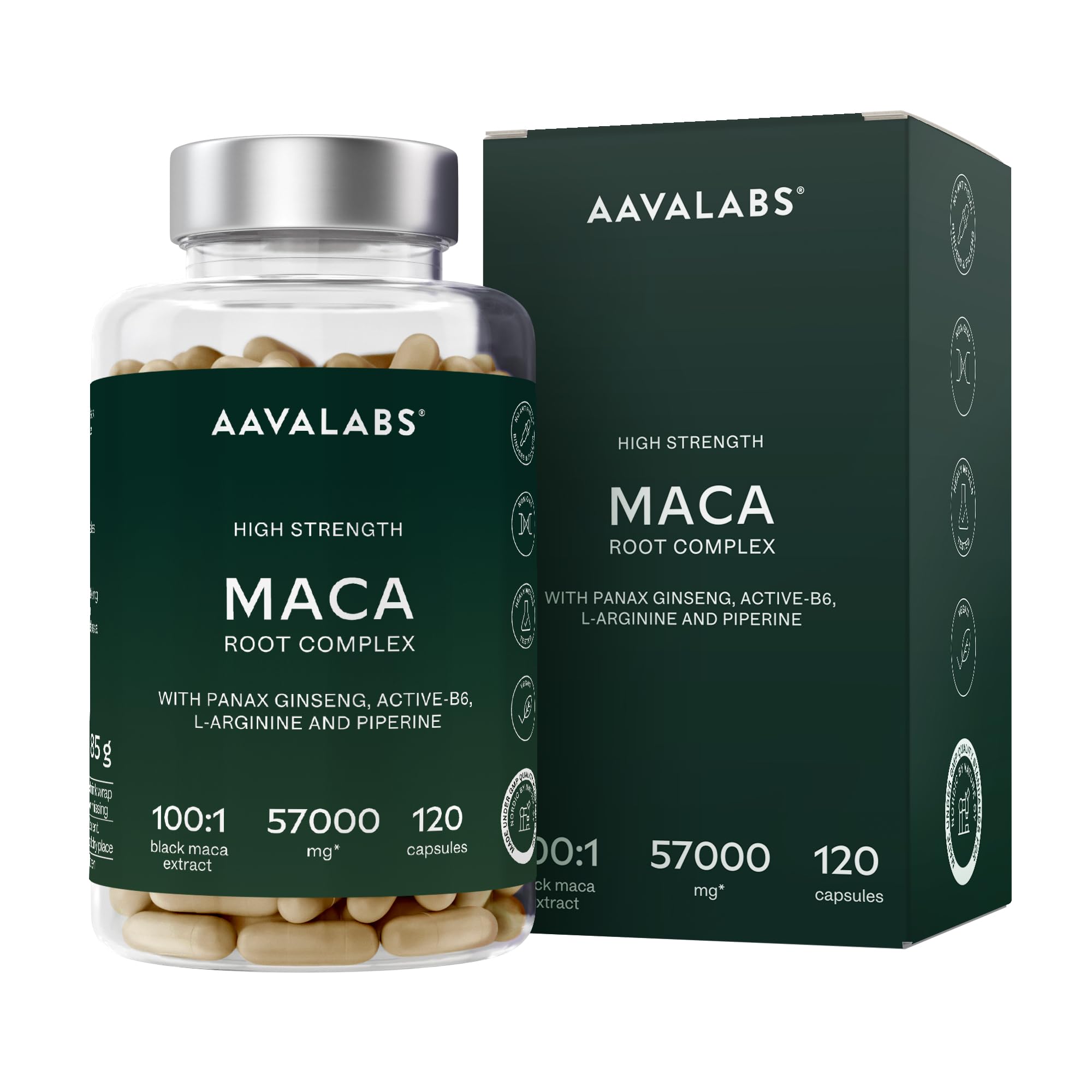 Maca Negra y Amarilla - 57,000 mg - Maca Peruana Andina con Ginseng Panax, L-Arginina, Vitamina B6 y Extracto de Pimienta Negra - 120 Maka Cápsulas - Veganas