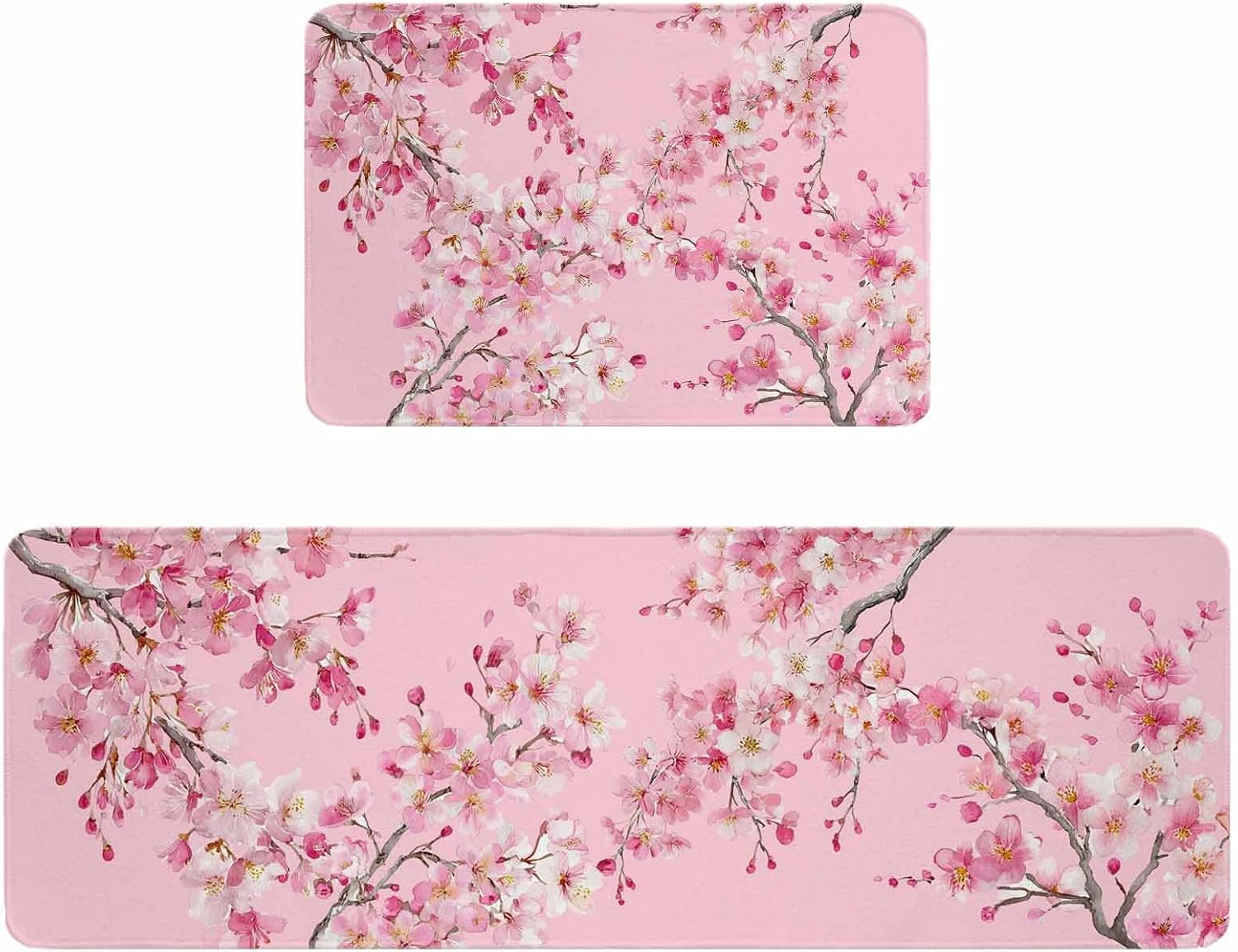 Spring Peaches Kitchen Rugs and Mats Set of 2, Non-Slip Kitchen Sink Mat, Botanical Blossom Flowers Branches Washable Doormat Bathroom Rugs Runner for Bedroom/Living Room 19.7"x31.5"+19.7"x47.2"