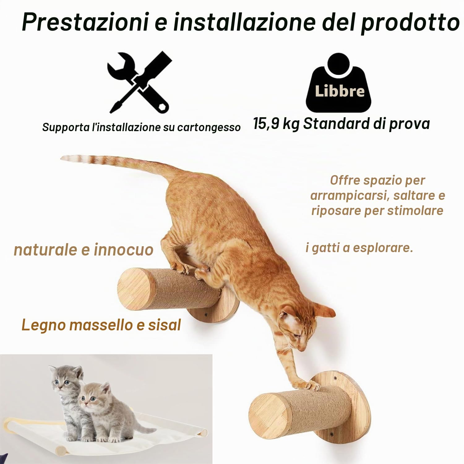 Parete Per Gatti Con Zona Notte, Amaca Legno Naturale, Tiragraffi Sisal - Ultra Stabile Per Gattini (3 Pcs)