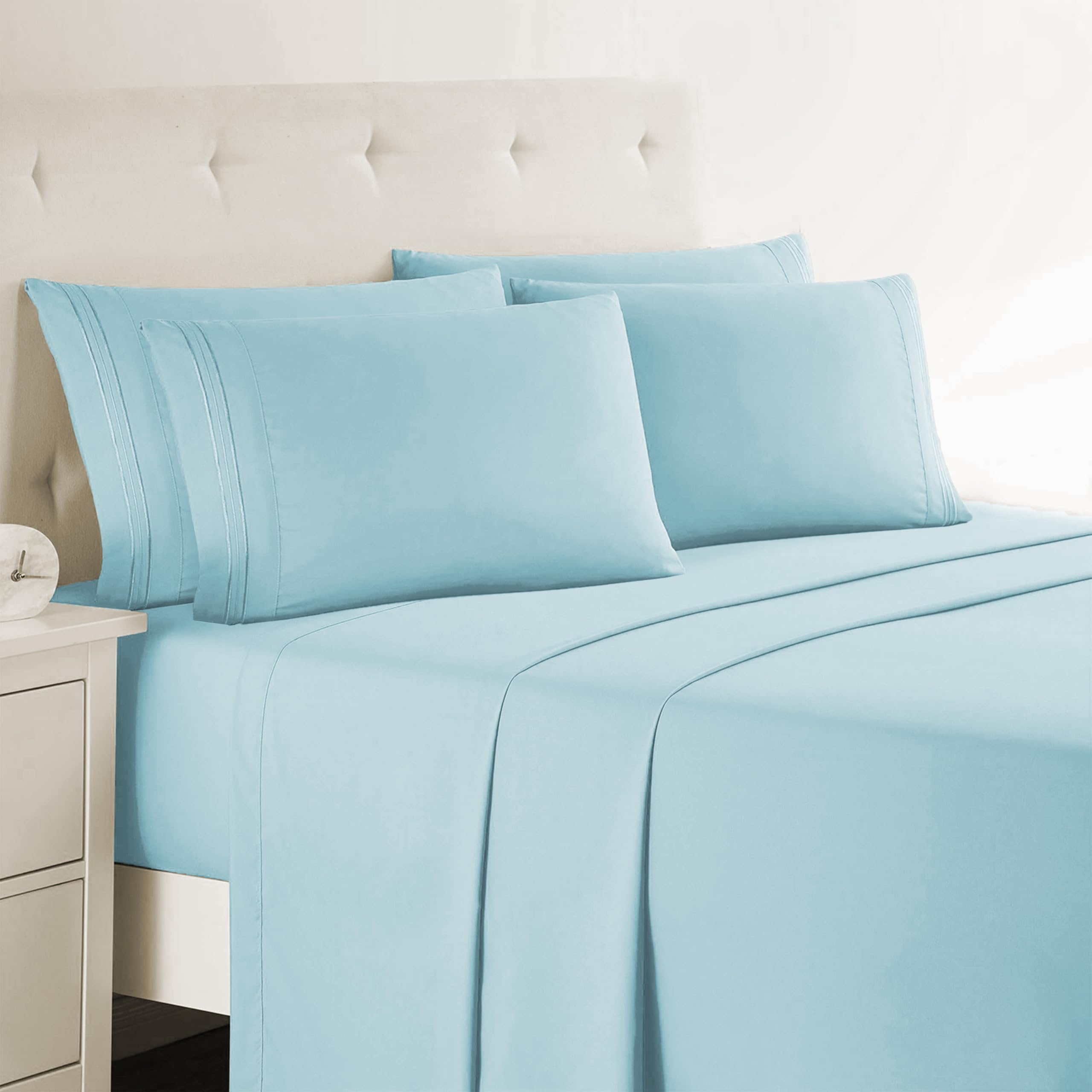 Clara Clark Queen Sheets, 6 Piece Set - Hotel Luxury Sheets for Queen Size Bed, Super Soft Bedding Set, Aqua Light Blue Aqua Light Blue Queen