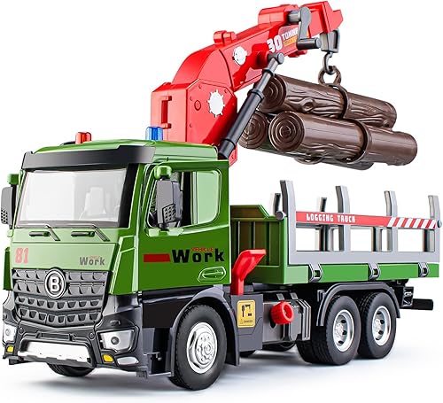 Camión maderero de madera con cabina de metal de juguete, camión de troncos accionado por fricción con grúa de carga completamente funcional y 3 disponible en Yaxa Mexico
