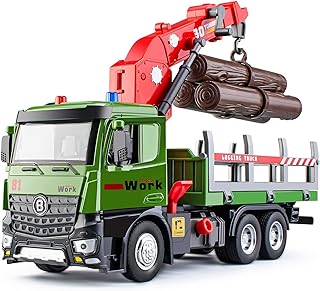 Timber Logging Truck Toy Metal Cab, Friction Powered Log Truck with Fully Functioning Loading Crane and 3 Loadable Trunks, Construction Playset for Boys Kids, 11.2"