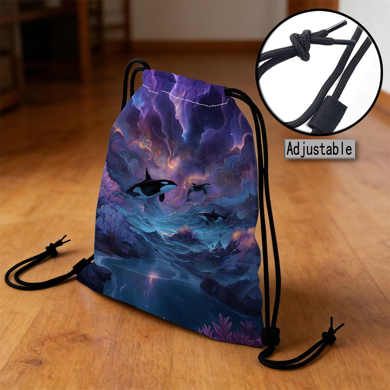 Cosmic Orca Whales Dual-Sided Print Drawstring Bag image 4