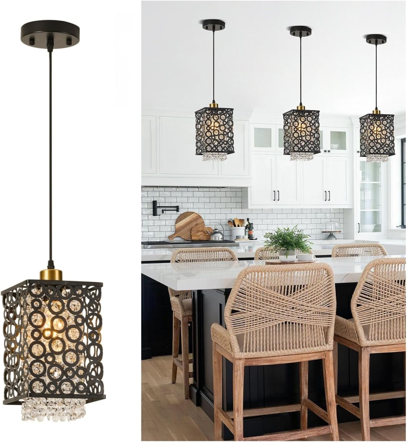 Modern Crystal Pendant Light, Black Chandelier Light Fixture, ESquare Adjustable Height Pendant Lights for Kitchen, Dining Room, Living Room, Foyer, Hallway