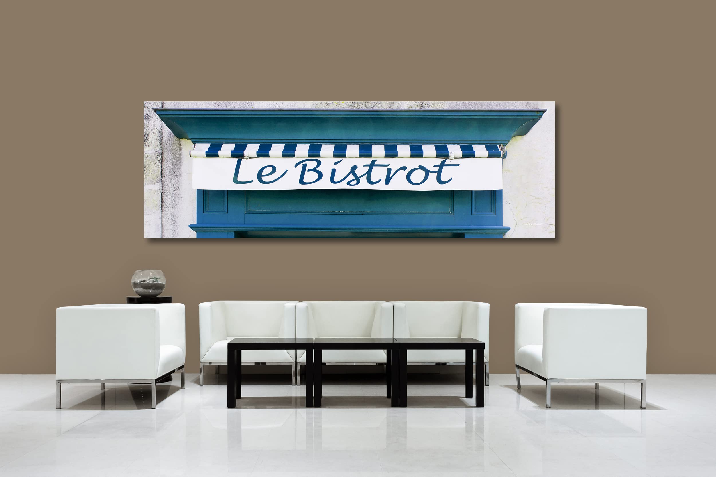 Glücksvilla - Bistrot blau (Leinwand-Bild 5 cm, 60 x 20 cm) | div. Maße - aus DE - Kunstdruck XXL Deko Wandbild quer - Bistro Restaurant Bar Frankreich Paris