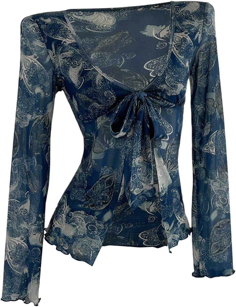 OYOANGLE Women's Graphic Long Sleeve Tie Front Blouse V Neck Split Hem Fitted Mesh Going Out Tops