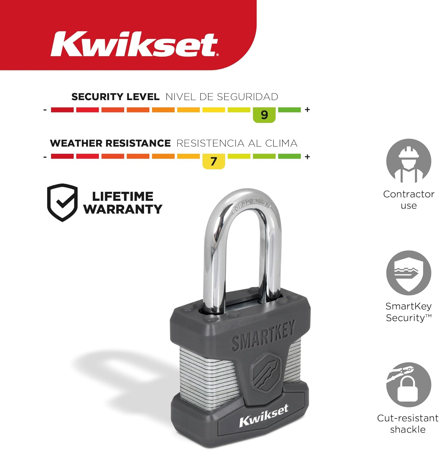 Kwikset SmartKey Re-Keyable Laminated Steel Padlock with Boron Carbide Shackle, Outdoor Gate and Storage Lock, 2 in Body, 1-1/2 in Shackle, 4 Pack Keyed Alike, Silver