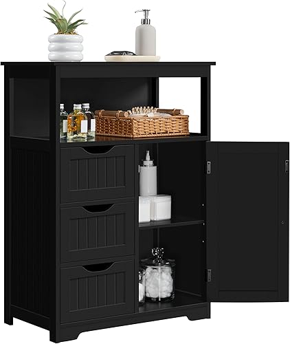 Miniatura 12 de Yaheetech Armario de suelo de baño, organizador de almacenamiento de madera con 1 puerta y 3 cajones, armario independiente para cocina, sala de