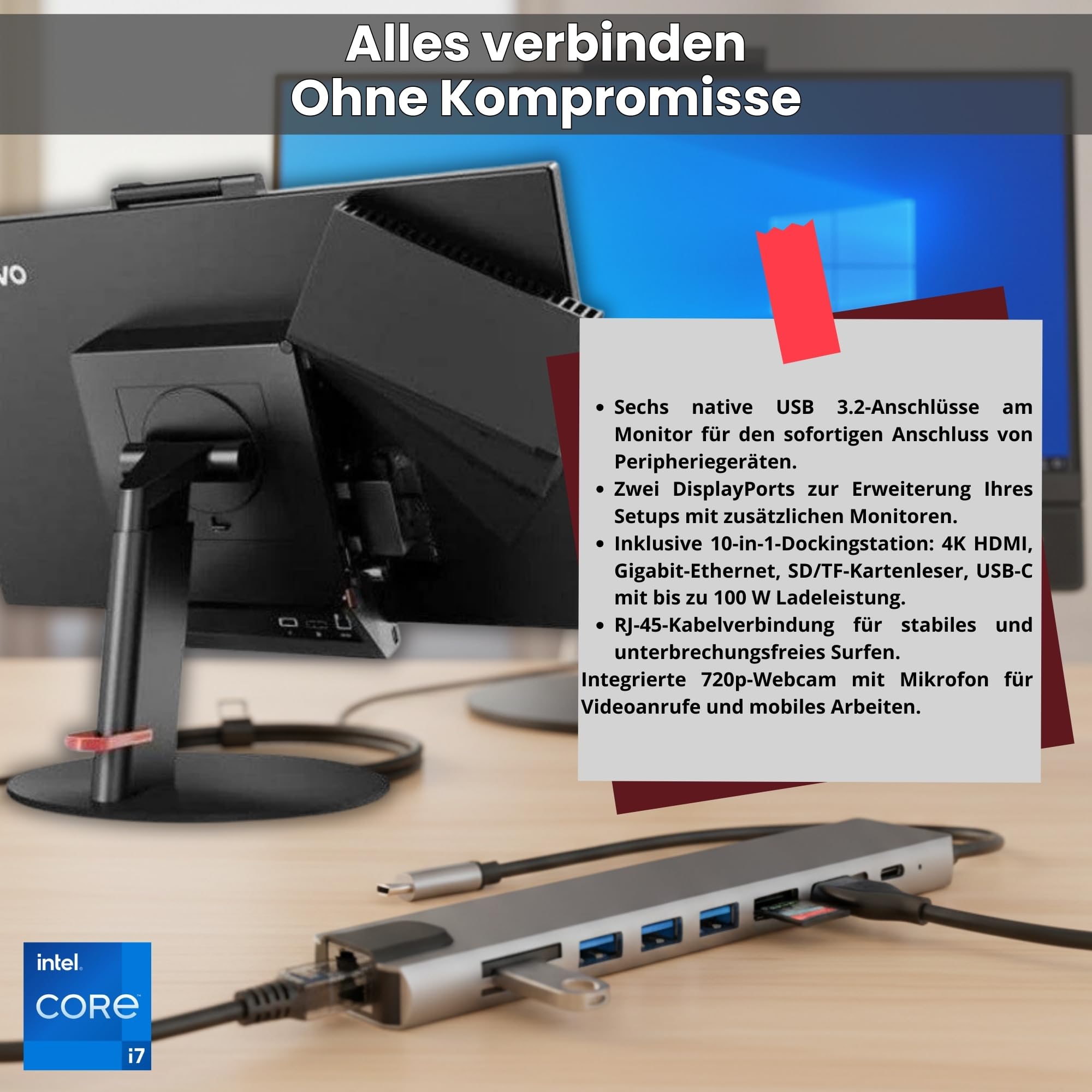Lenovo All in One ThinkCentre TIO24 24 Zoll Full HD | Intel Core i7 | 16 GB | 512GB SSD | DOKING Station 10 IN 1 Webcam Win 11 Pro 36 Monate Garantie Generalüberholt (Kit Tastatur und Maus Italian)