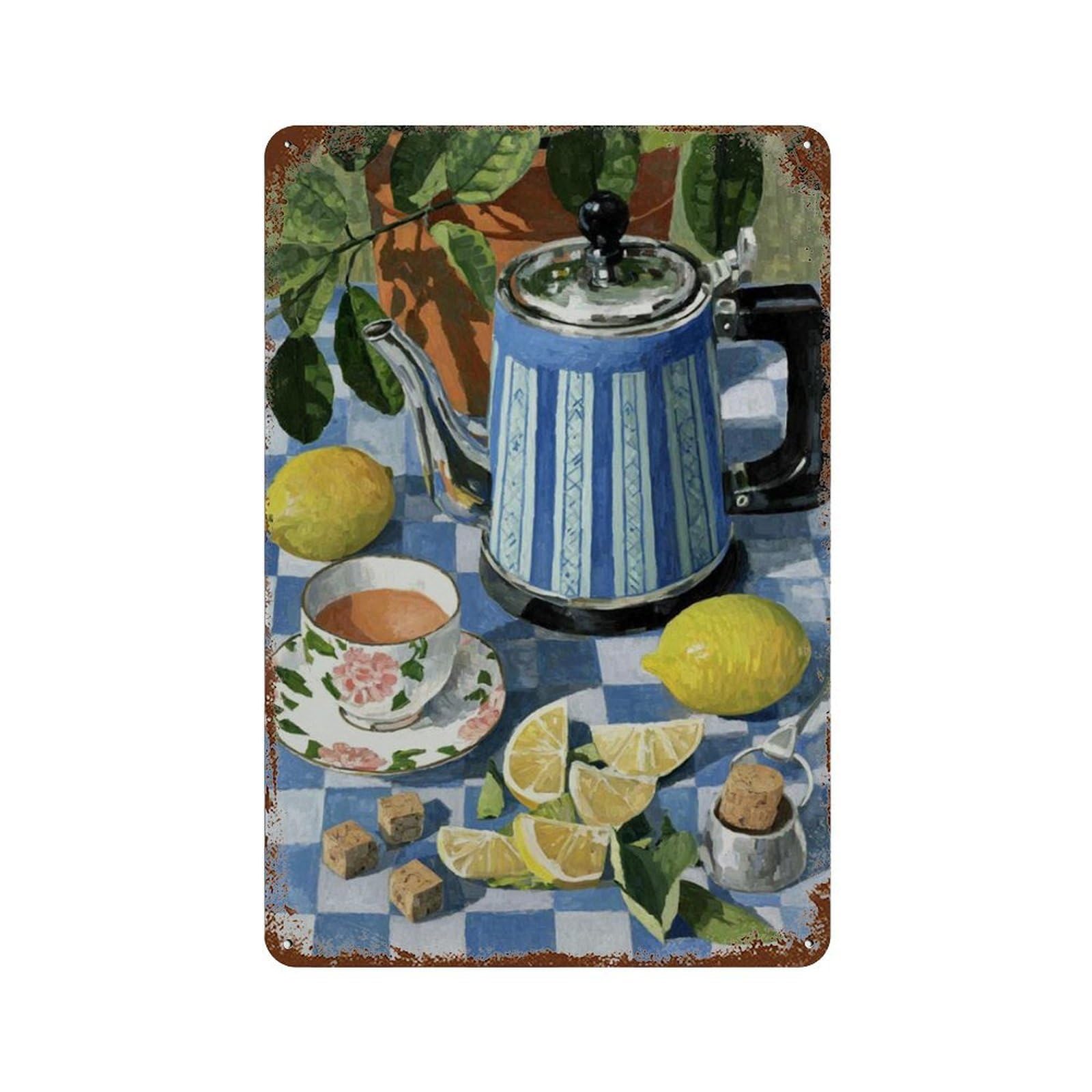 xiaoxiaoshen Blue Teapot And Lemons Kitchen Still Life Mediterranean Table Wall Decor Art Metal Tin Poster Modern Home Decor Art Home Bar Shop Decorations Vintage Sign 30x20cm