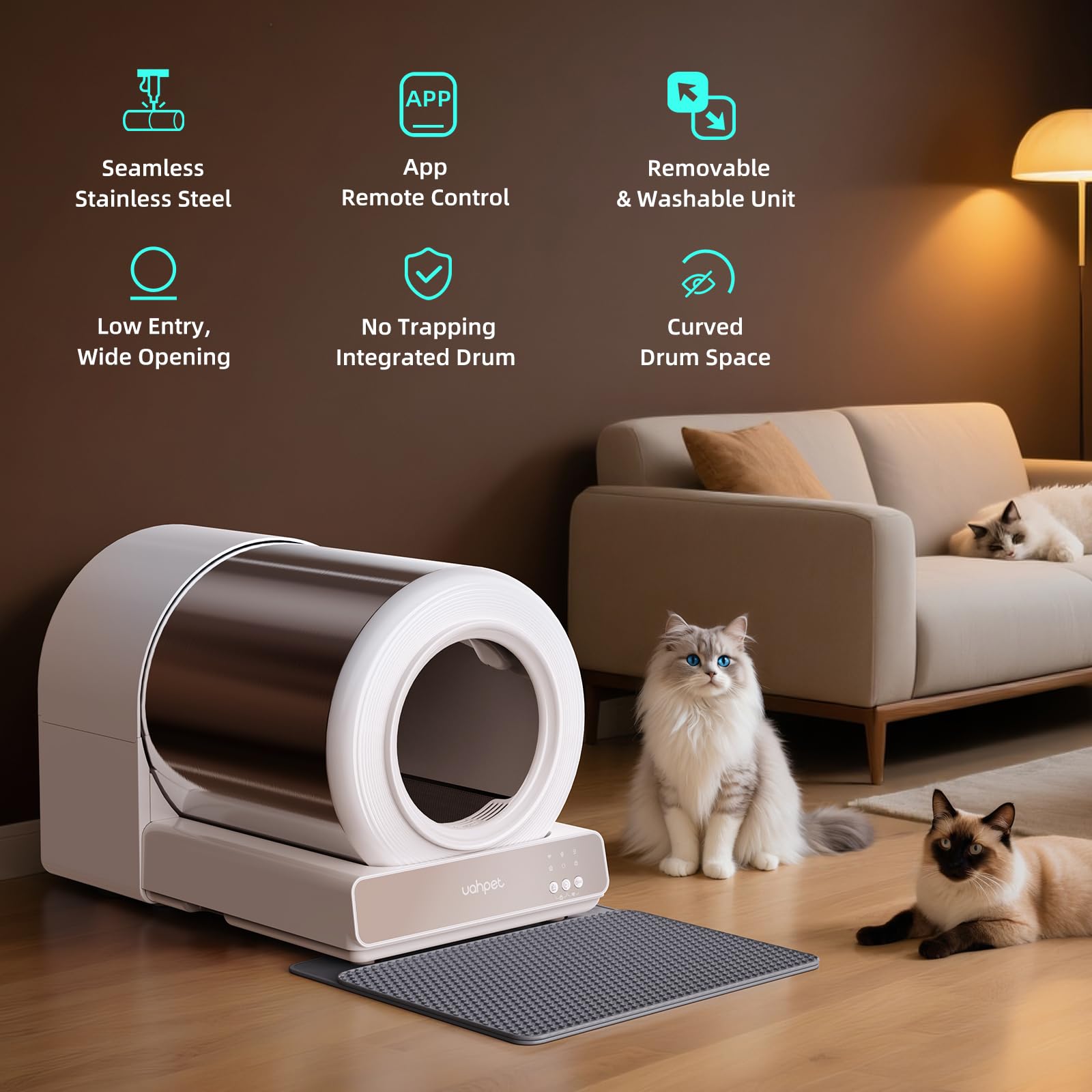 uahpet Stainless Steel Automatic Litter Box, Self Cleaning Cat Litter Box with APP Control, Multi-Cat Recognition, Lower Entry, Multi-Safety Sensors, Easy to Install and Clean - image 2