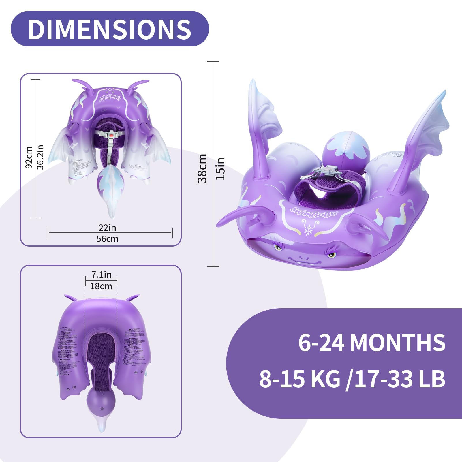 Swimbobo Baby Pool Float Inflatable Infant Swimming Floats with Adjustable Seat,Size Improved Add Tail Avoid Filp Over Pool Splash & Play Toys for Kids Ages 6-36 Months (Purple Dragon) - Image 3
