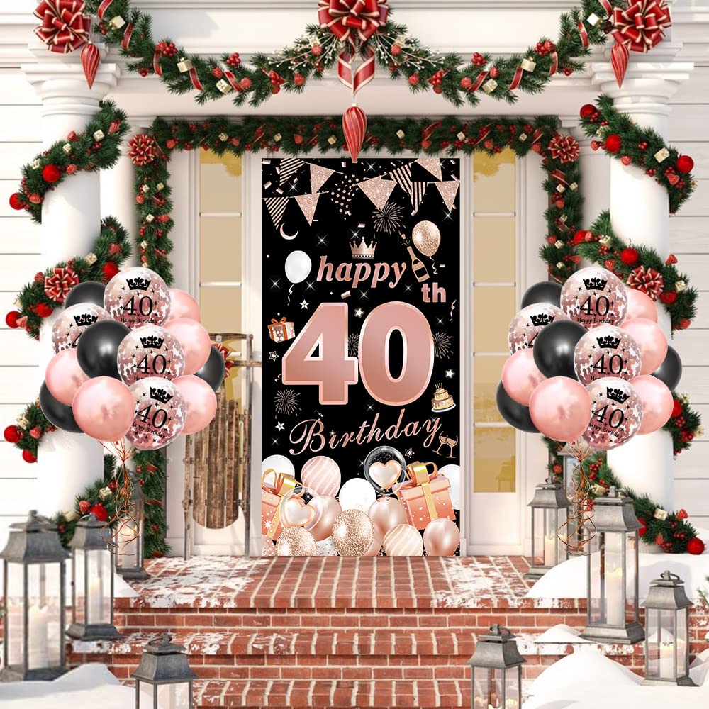 40. Geburtstag Deko-Set In Schwarz-Rosegold - Mit Luftballons, Banner, Wimpelkette & Cake Topper