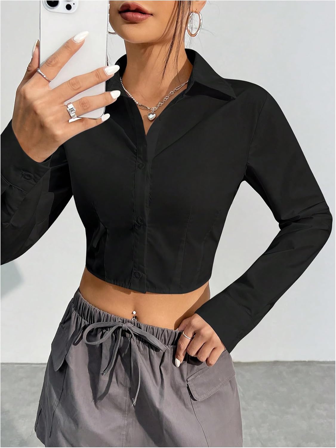 SOLY HUX Women's Button Down Crop Top Long Sleeve Collared Casual Cropped Shirt Blouse - Image 4