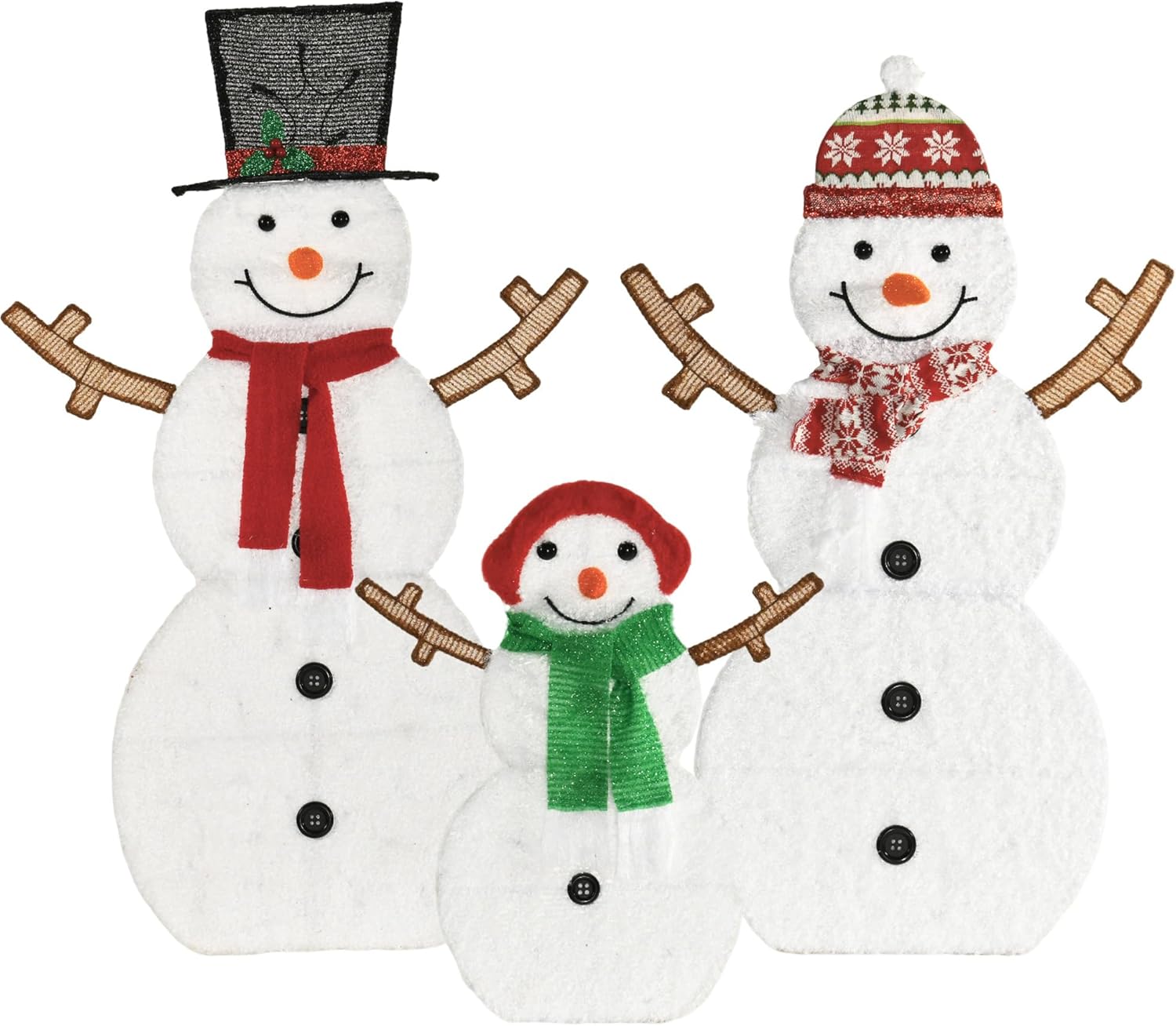 Lighted Snowman Family Outdoor Christmas Decoration, 48"| 42"| 24" H Pre-lit Snowman Lights Ornament, 2D Indoor Holiday Decor, 130 Warm White LEDs, for Yard, Lawn, Garden, Set of 3