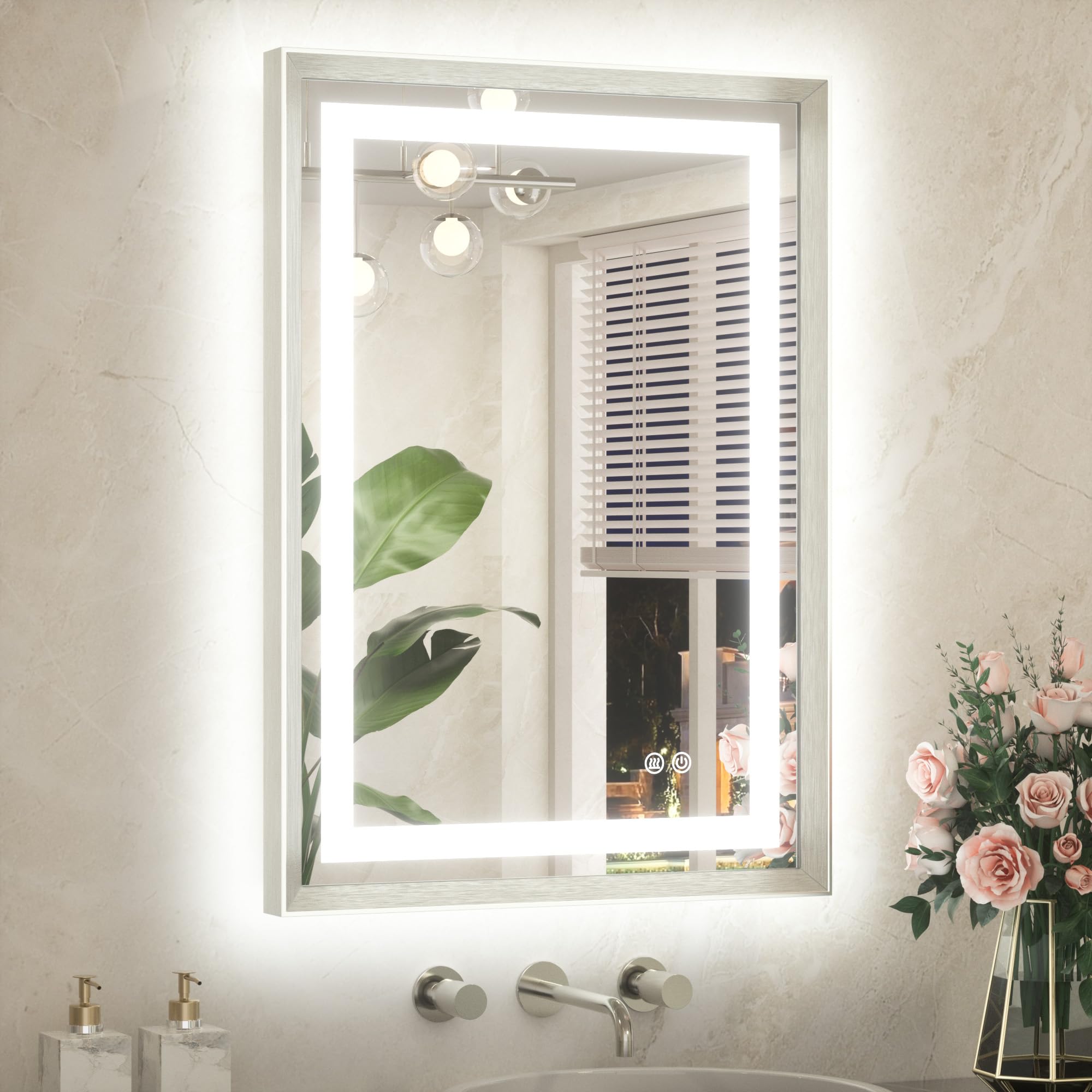 TETOTE 22 x 30 Bathroom LED Mirror Silver Metal Frame Frontlit &amp; Backlit Vanity Mirror Anti-Fog Stepless Dimmable 3 Colors White/Warm/Natural Mirror with Lights