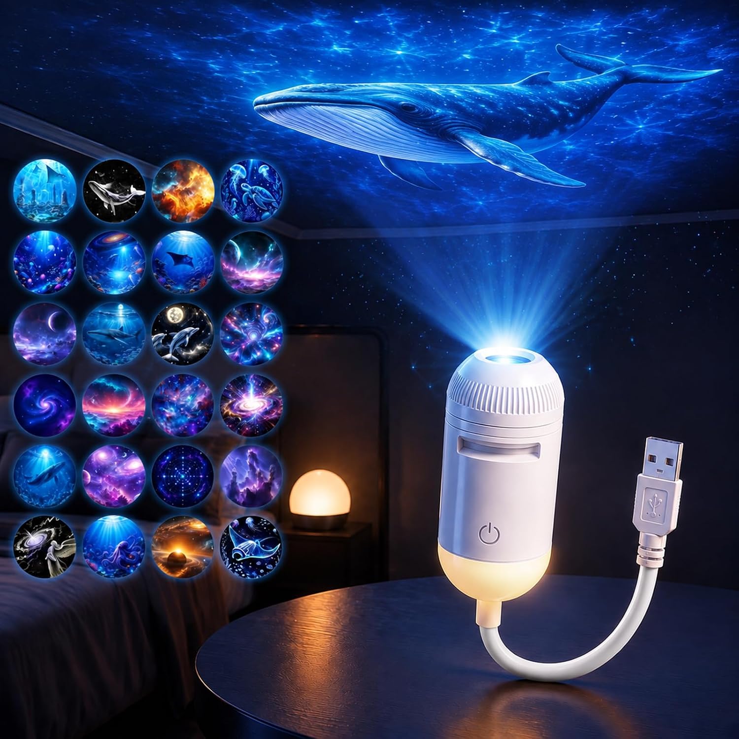 2-in-1 Galaxy Projector Night Light,USB Star Projector with Adjustable Brightness, Mini LED Projection Lamp for Bedroom Ceiling Wall Room Decor (Ocean-24 Projection Films)