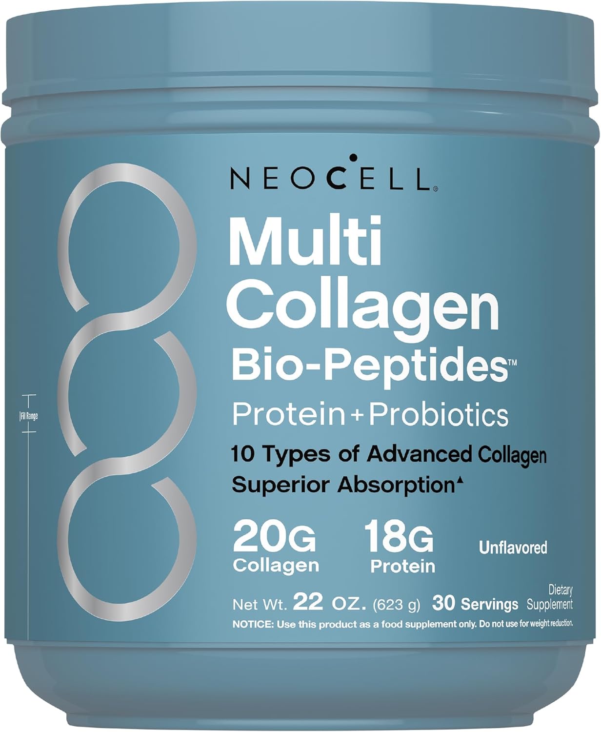 NeoCell Multi Collagen Bio-Peptides Powder | 22oz | Advanced with Hyaluronic Acid and Vitamin C | 10 Super Types of Collagen | Superior Absorption | Grassfed Protein Supplement
