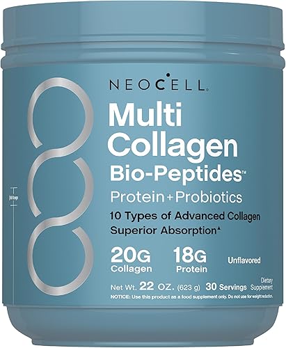 NeoCell Polvo de biopéptidos multicolágeno 22 onzas Avanzado con ácido hialurónico y vitamina C 10 súper tipos de colágeno Absorción