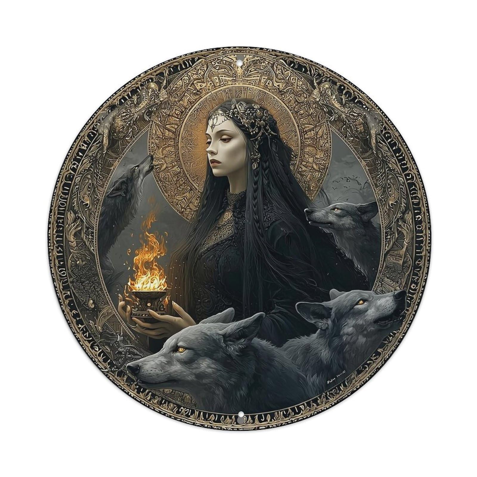 Mystic Woman With Wolves And Fire Round Metal Tin Sign Vintage Wall Decor, Bar Garage Cafe Kitchen Home Wall Art Poster 8x8inches