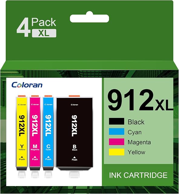 Coloran 912XL 3YP34AE High Yield Ink Cartridge Replacement for HP 912 XL, Black/Cyan/Magenta/Yellow, Compatible for OfficeJet 8010 8012 8014 8015 OfficeJet Pro 8022 8023 8024 8025 (4-Pack)