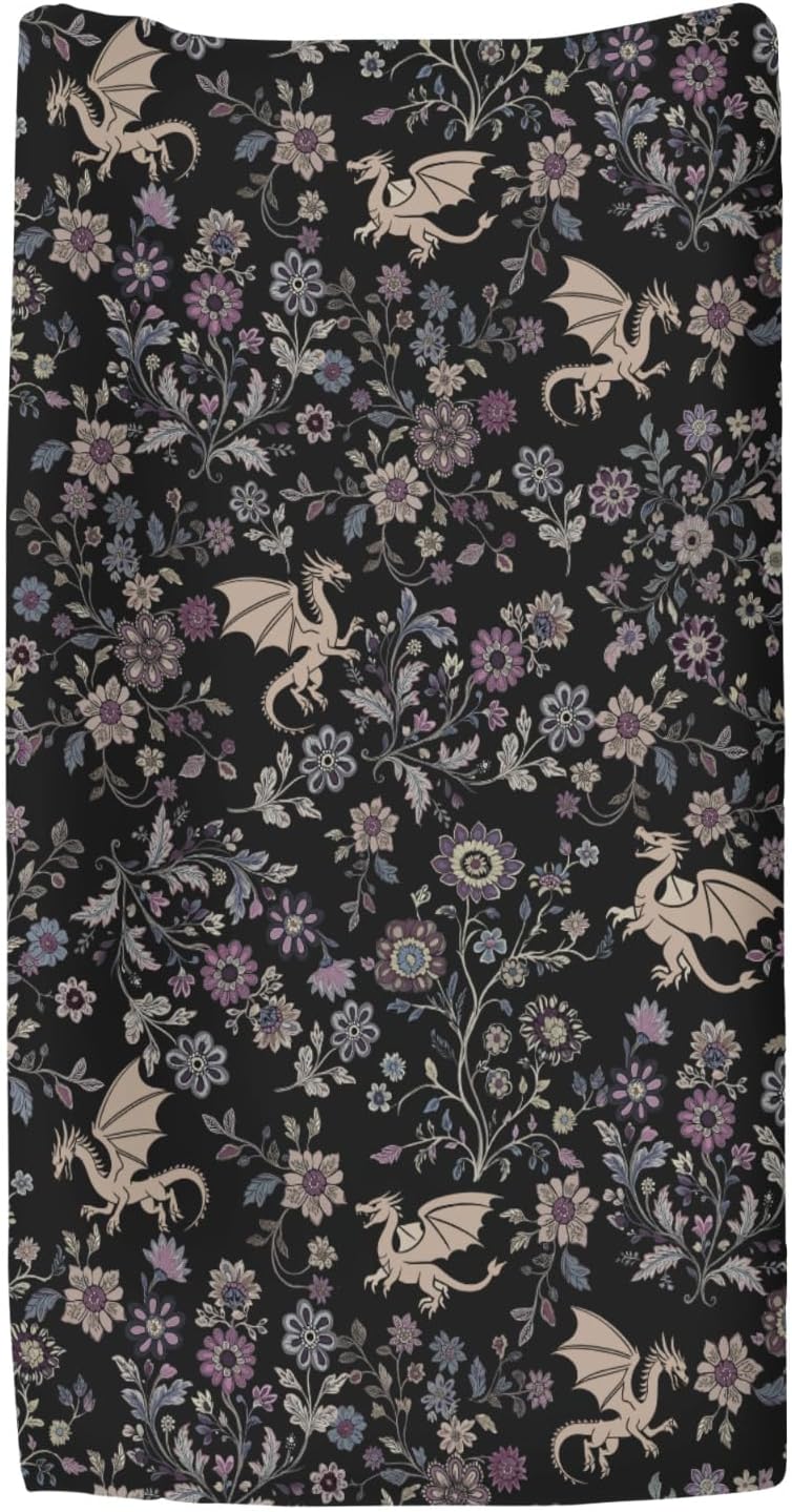Fantasy Floral Dragons Changing Pad Covers for Baby Girls Boys Fairytale Dragon Gothic Black Purple Flowers Fitted Changing Table Cover Mats Myth Animal Soft Diaper Changing Table Sheets 32''×16''