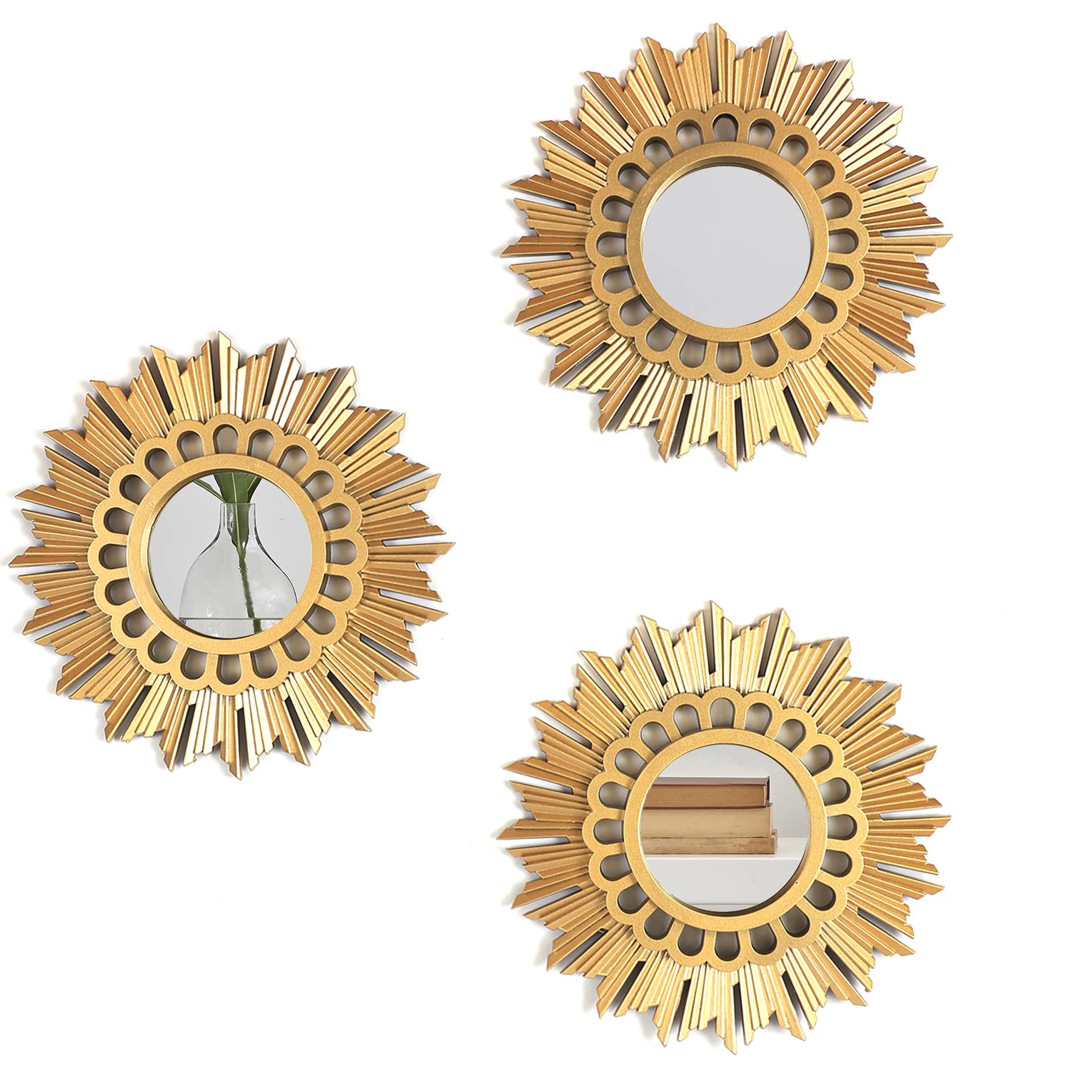 Mirrorize 10" Gold Circle Mirror Wall Decor Set, Gold Round Mirrors Accent Decor for Living Room, Decorative Gold Mirrors for Wall Decor Set of 3