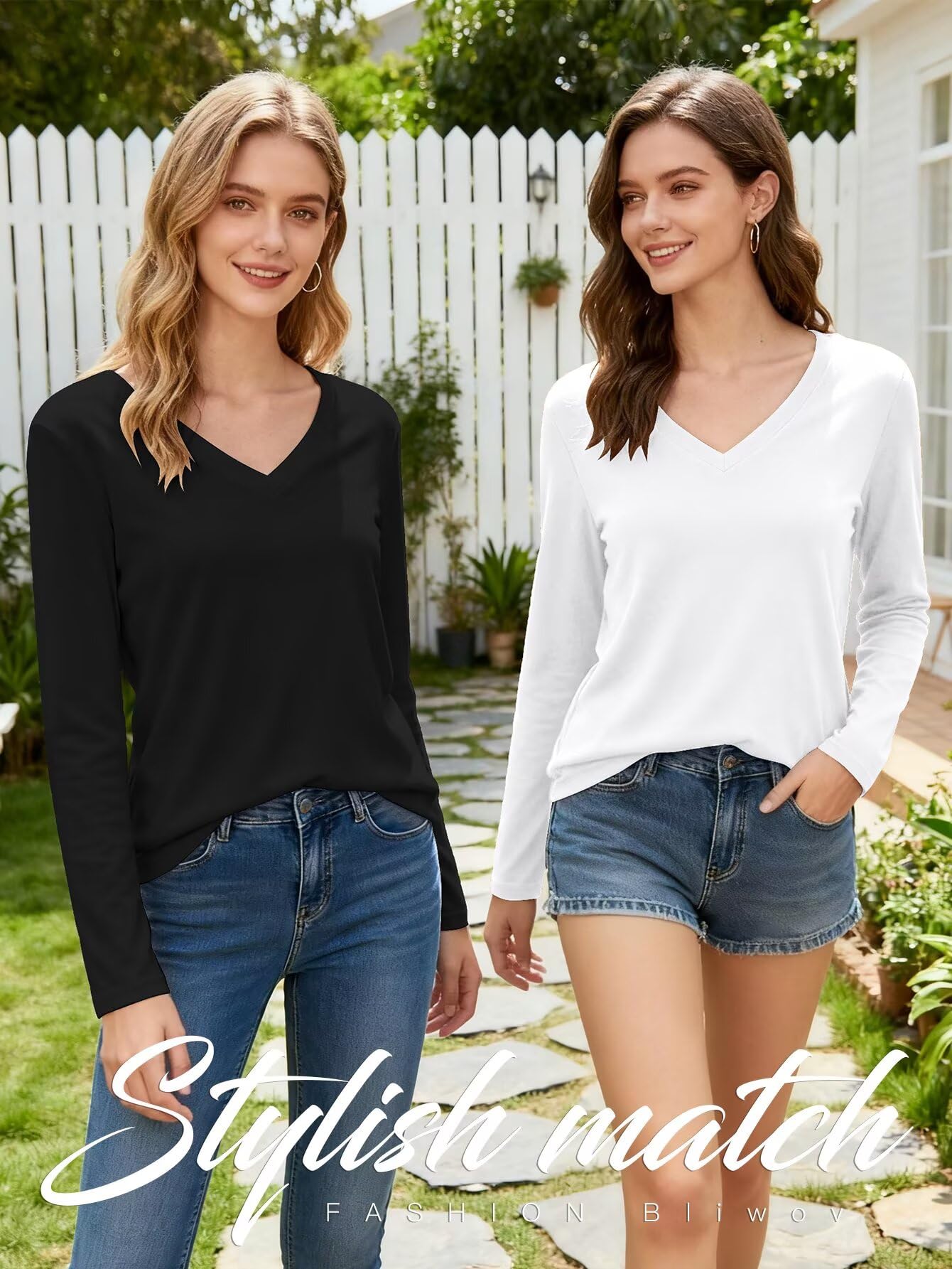 Bliwov Lot de 2 hauts à manches longues et col en V pour femme - Tenue d'automne et d'hiver - T-shirts tendance 2025