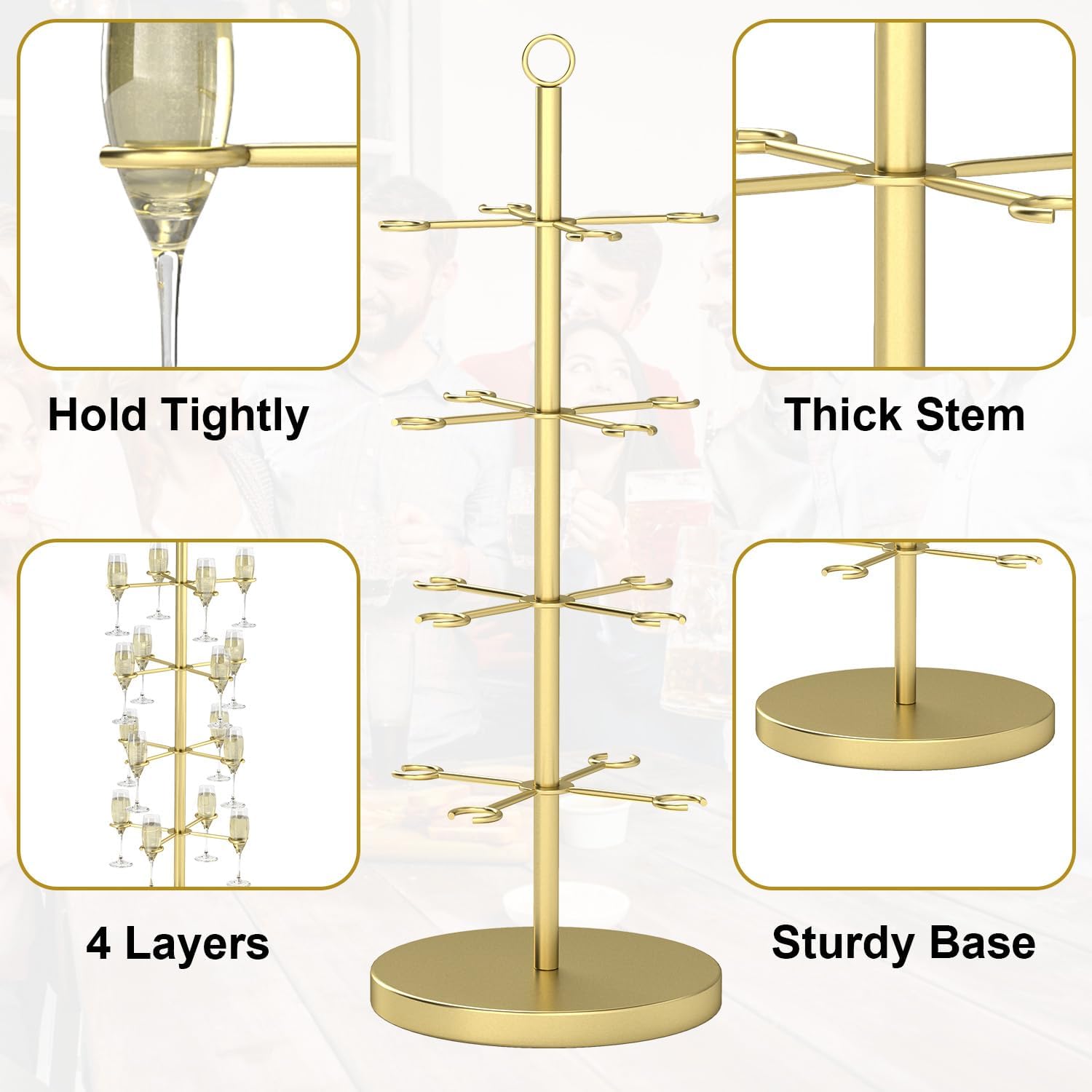 lukar 2Pcs Cocktail Tree Stand,Gold Champagne Tower Stand for Drinks Holder,4 Tier Champagne Flute Holder,16-Holders Martini Tree Stand for Wedding,Birthday Party & Celebration